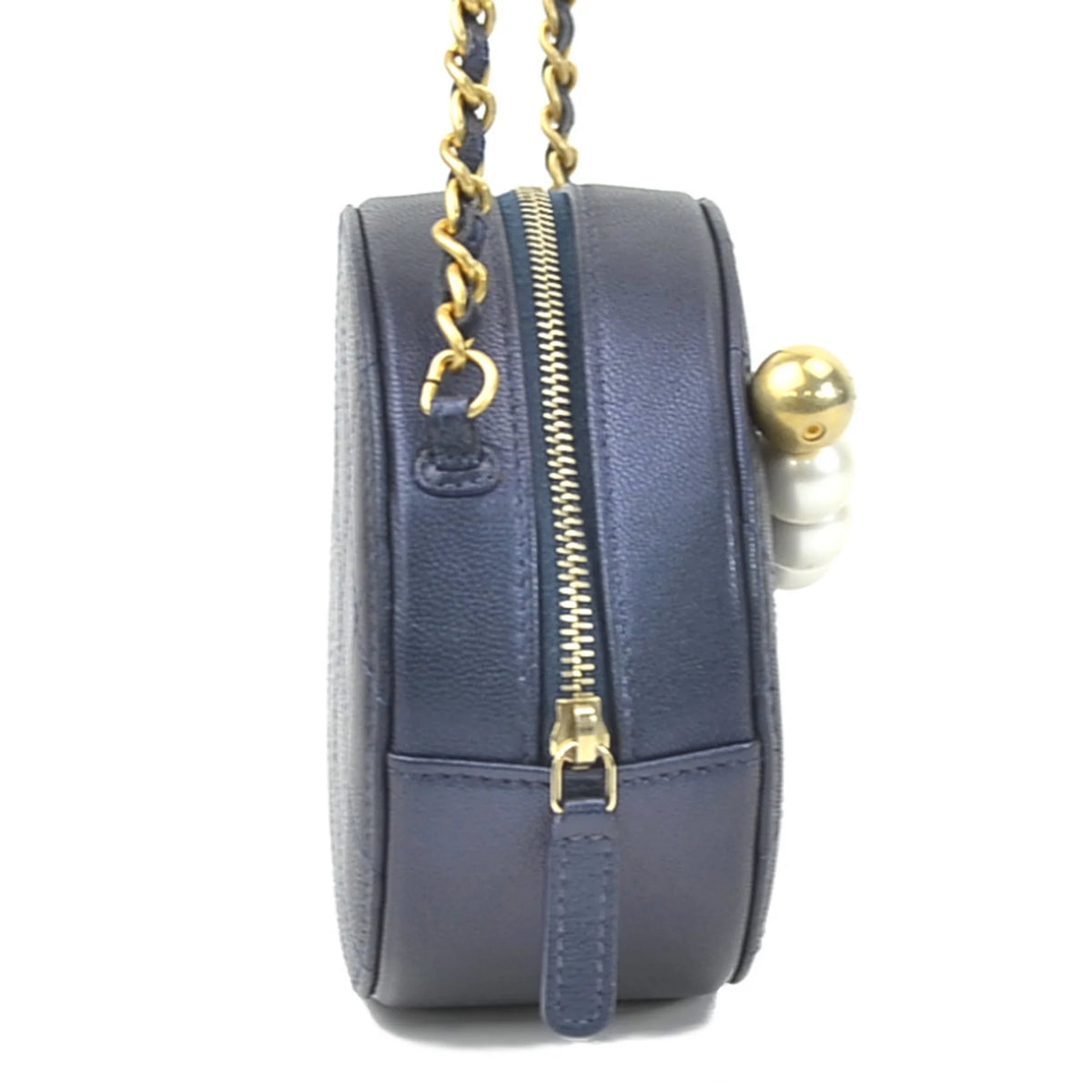 Secondhand CHANEL Crossbody Shoulder Bag Pochette Coco Mark Leather/Metal/Fake Pearl Navy/Gold/Off-White Female (Good)