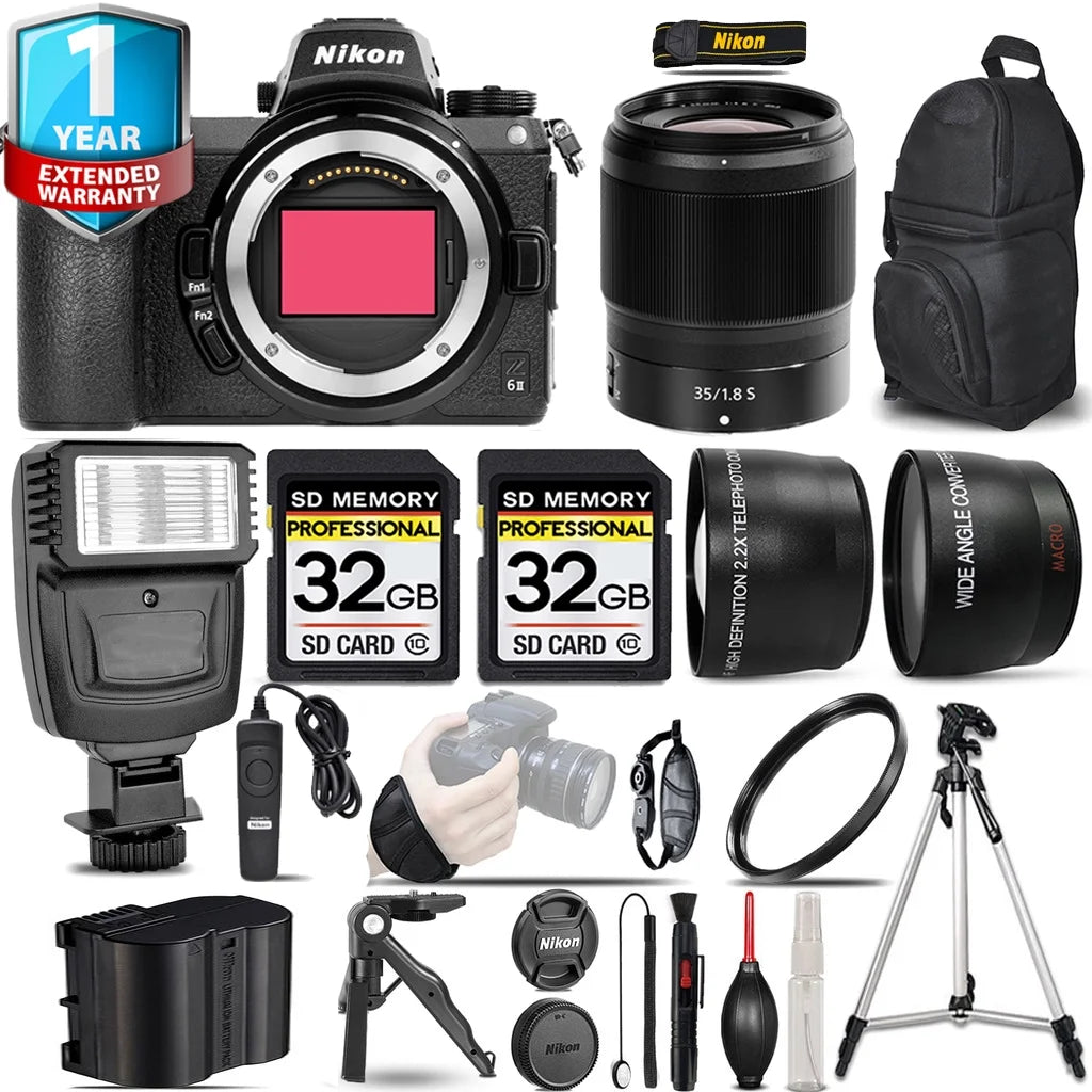 Nikon Z6 II Mirrorless Camera with 35mm f/1.8 S Lens + Flash + 64GB + UV Filter + Backpack