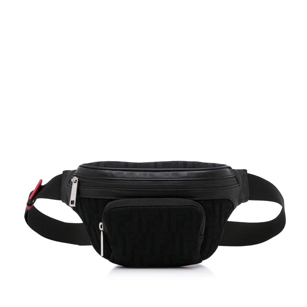 Used Authenticated Fendi FF Neoprene Vitello Grace Perforated Pocket Belt Bag Knit Fabric Black Unisex (Good)