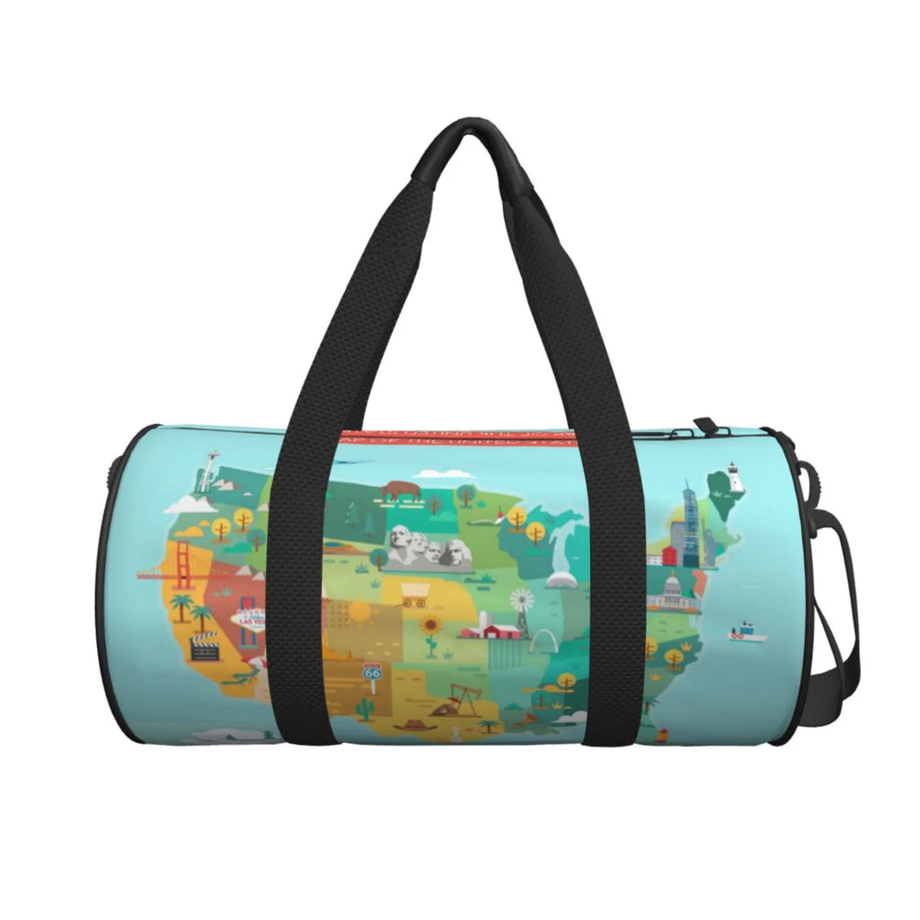 Coaee USA Tourist Map Large Capacity Travel Luggage Bag Cylinder Gym Bag Waterproof Sports Bag with Pocket and Compartment