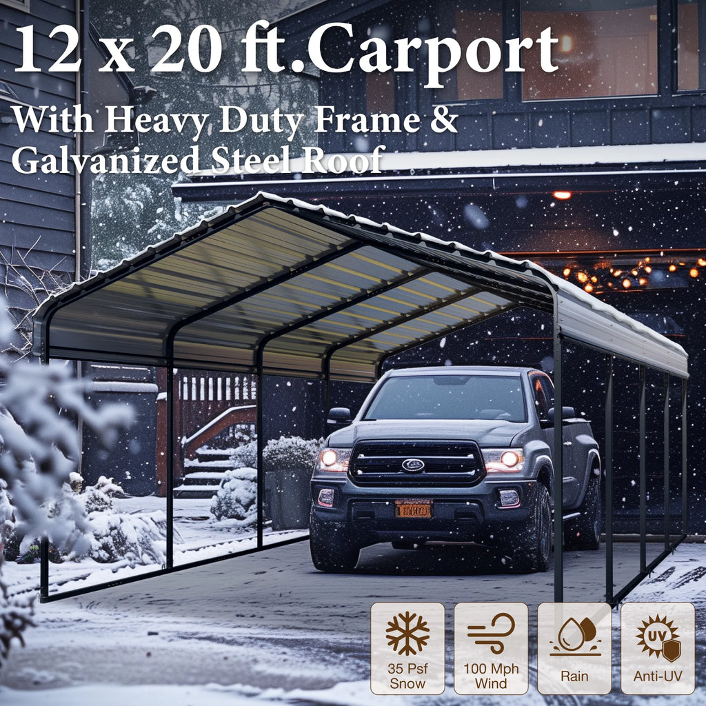 Summit Living 12 x 20 ft Metal Carport with Galvanized Metal Roof, Heavy-Duty Garage Car Storage Shelter, Gray