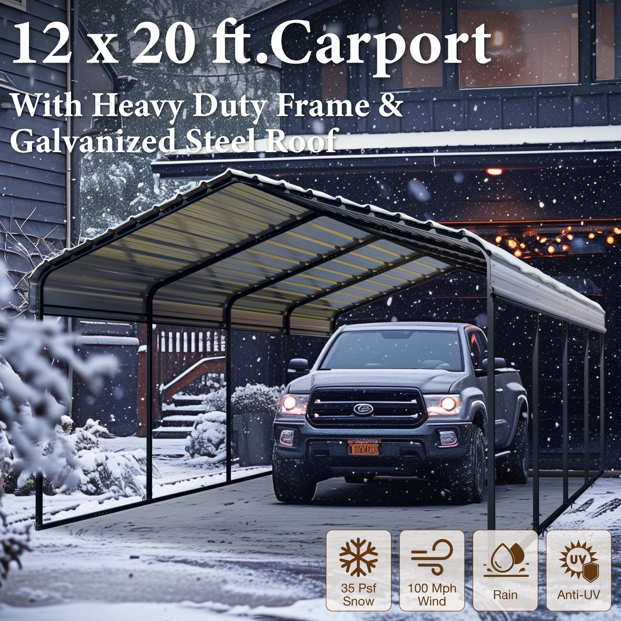 Summit Living 12 x 20 ft Metal Carport with Galvanized Metal Roof, Heavy-Duty Garage Car Storage Shelter, Gray