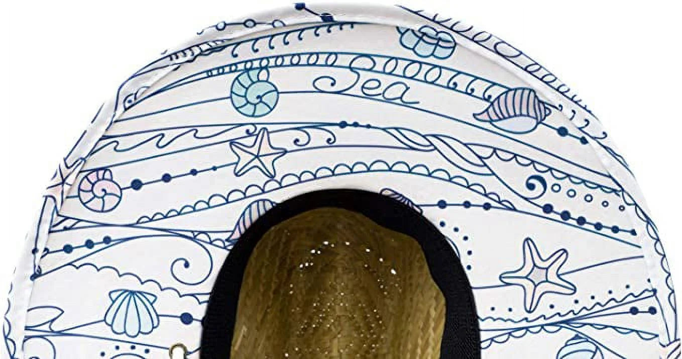 Shells Kids Fabric Pattern Print Straw Children's Sunhat, Boy & Girl, Ages 3+, Lifeguard Hat, Beach, Swim, Cruise, Paddle Board, Boat, Fishing, Fits All, Malabar Hat