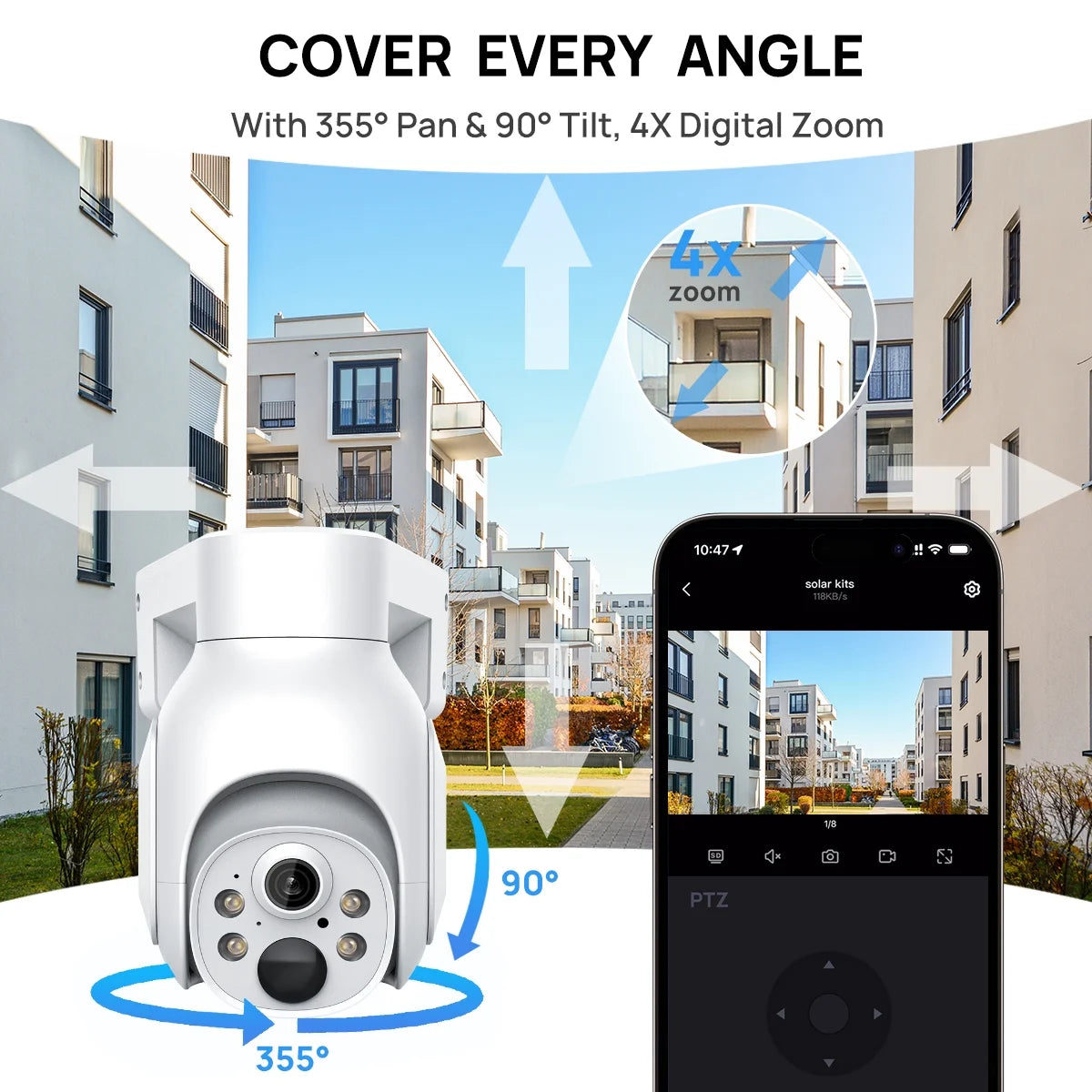 VIKVIZ CCTV System 2Pcs 4MP Rechargeable Battery WiFi PTZ IP Camera Kit with Solar Panels,4CH Base Station,Wireless Technology,Night Vision,Motion Detection