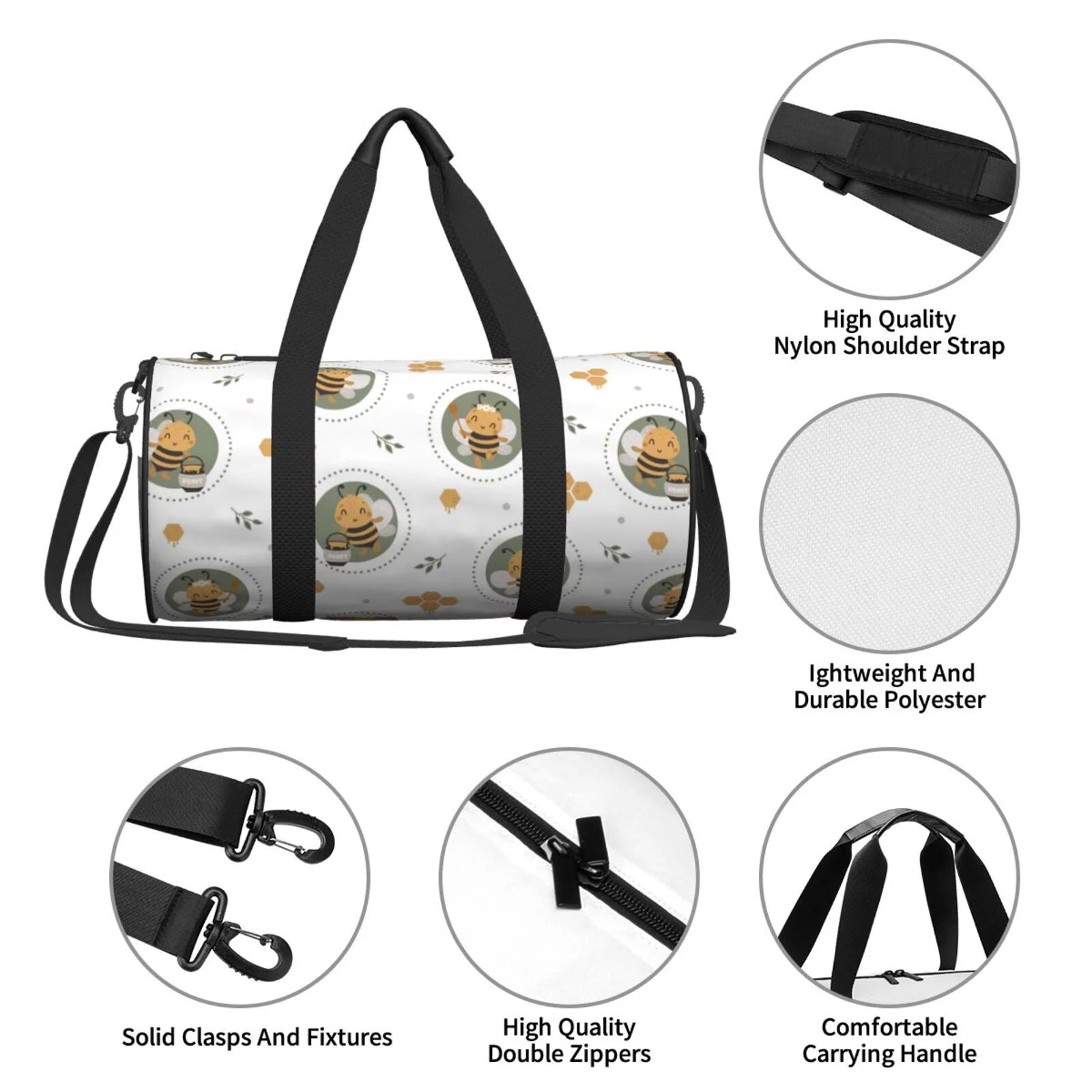 XMXT Unisex Large Sports Tote Gym Bag for Women, Cute Bee Honey Print Weekenders Bags Travel Bag