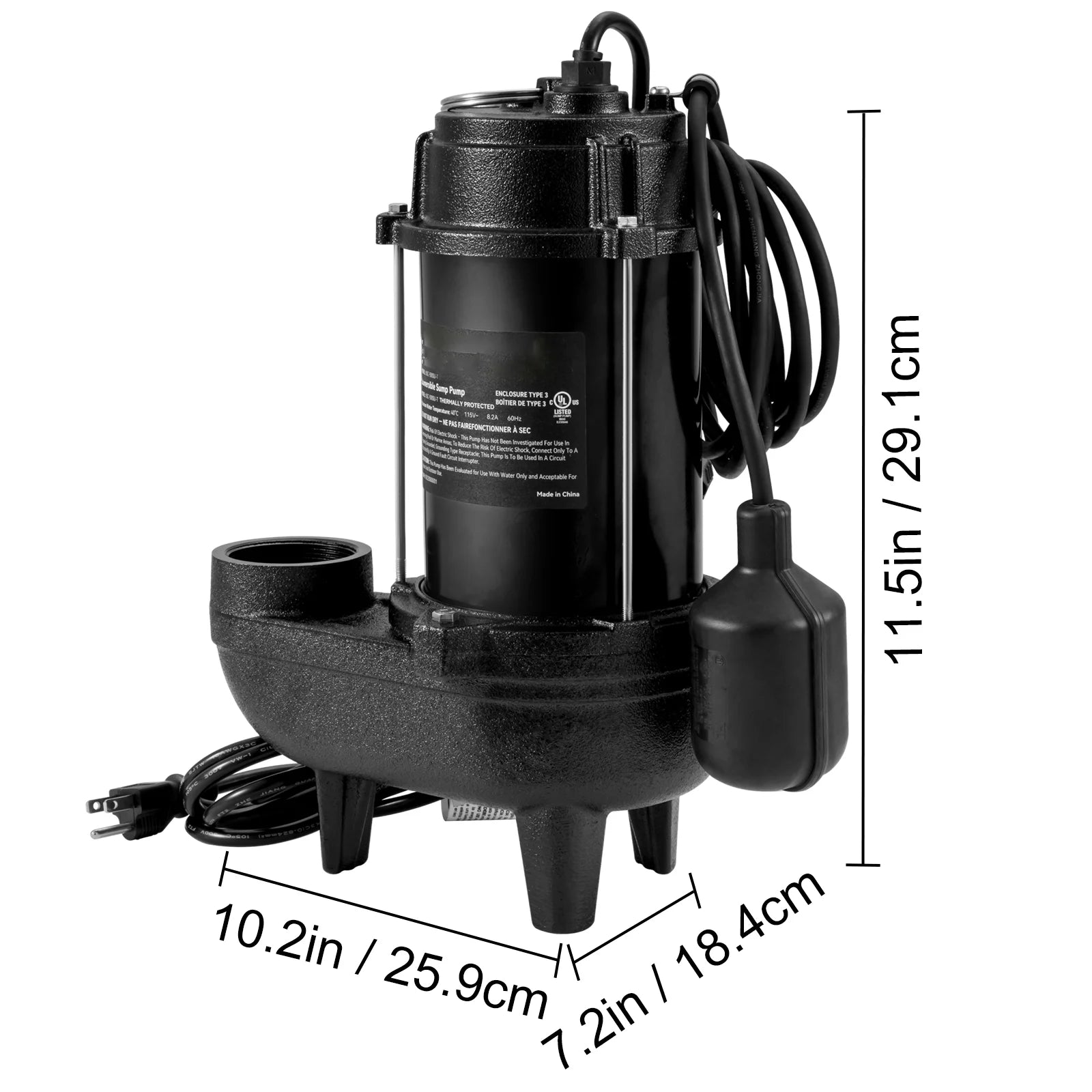 BENTISM Sewage Pump, 3/4 HP 5880 GPH 1050W, Submersible Cast Iron Ejector, with 2" Discharge and 10 ft Piggy-back Automatic Tether Float Switch, for Septic Tank, Basement, Residential Sewer Effluent