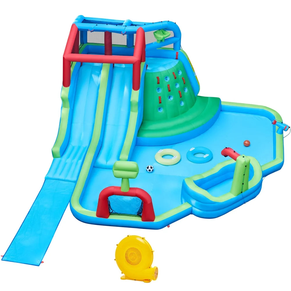Alden Design Double Lane Inflatable Water Slide for Kids Aged 3 To 10 with Basketball Hoop & Climbing Wall, Green