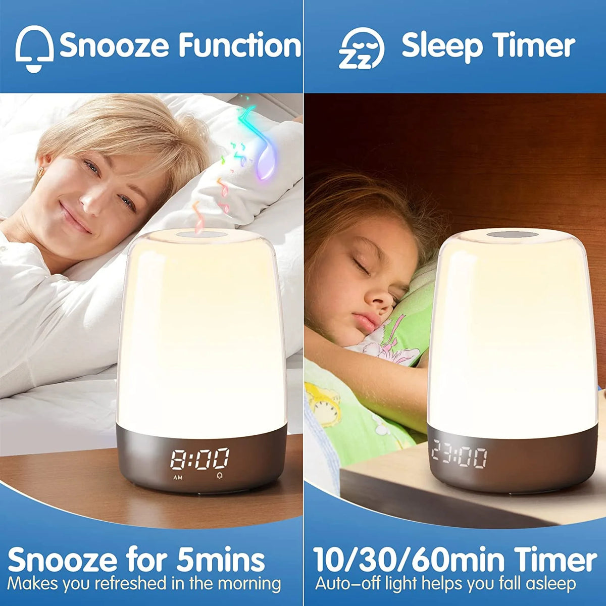 Sunrise Simulation Alarm Clock Wake Up Light for Heavy Sleepers Adults, Dimmable Sun Lamp Kid Bedroom Nursery Bedside Night Light Sleep Aid, 7 RGB Lights, 7 Natural Sound Alarms, Snooze Timer