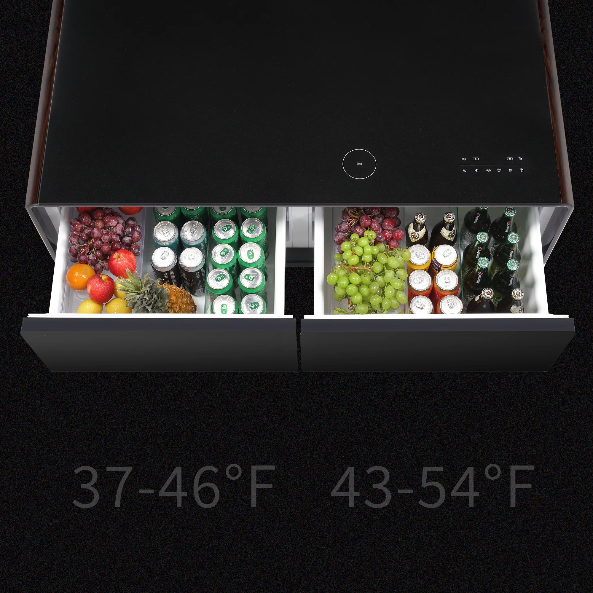 Modern Smart Coffee Table with Built-in Fridge, Bluetooth Speaker, Wireless Charging Module, Touch Control Panel, Power Socket, USB Interface, Outlet Protection, Atmosphere light, Brown