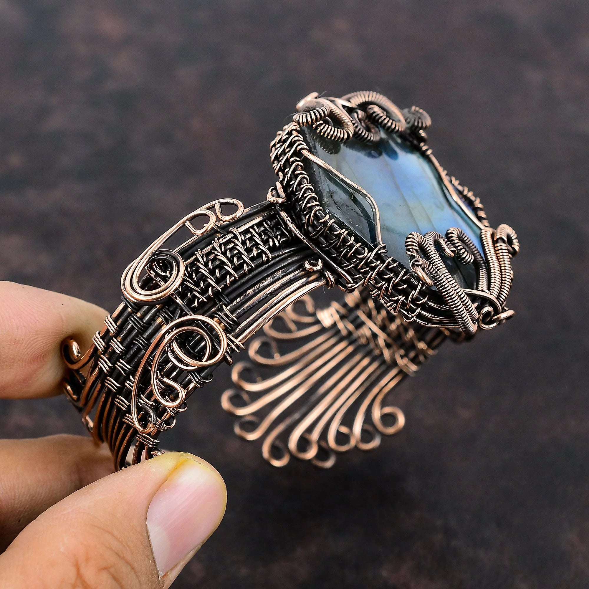 Green Swiss Opal Gemstone Bangle Copper Wire Wrapped Adjustable Cuff Bracelet