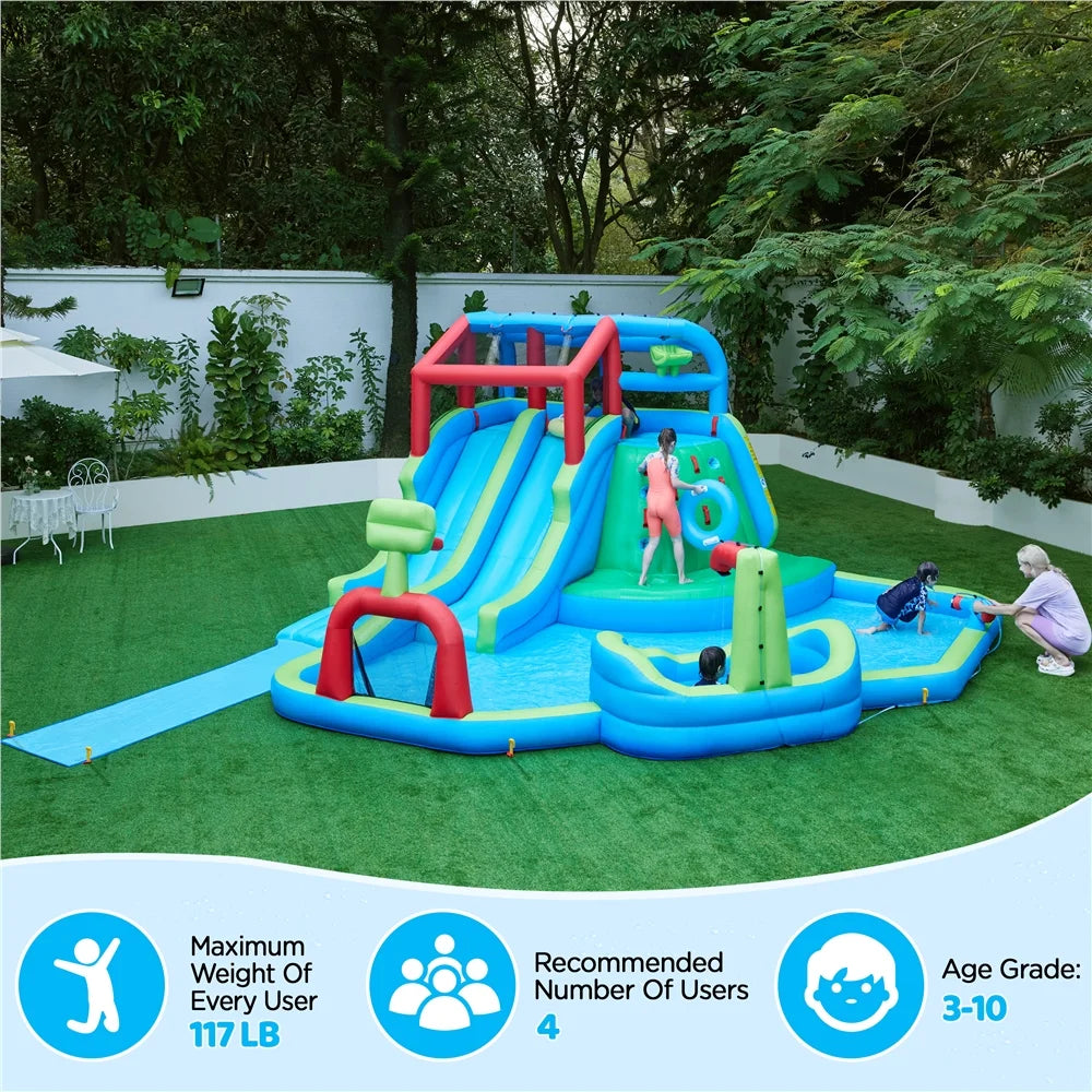 Alden Design Double Lane Inflatable Water Slide for Kids Aged 3 To 10 with Basketball Hoop & Climbing Wall, Green