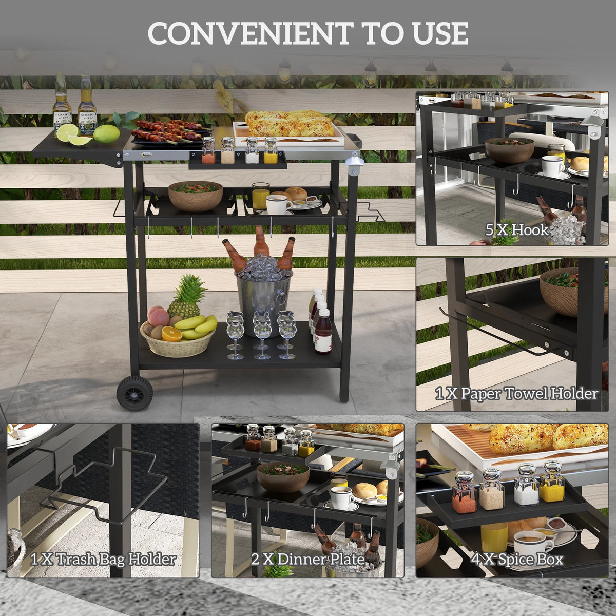 Outdoor Bar Cart with Rust-resistant Alloy Tabletop, Kitchen Island with Wheels, 2 Tiers & Seasoning Shelf, Patio Serving Cart with Hooks, Towel & Garbage Bag Holder, Plates & Spice Jars, Black