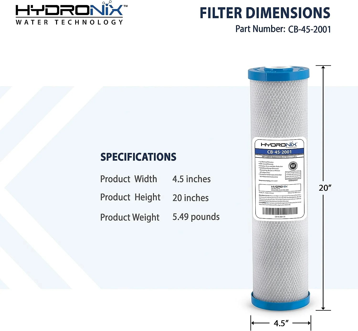 Hydronix CB-45-2001 Replacement Carbon Water Filter  20-inch x 4.5-inch 1 Micron