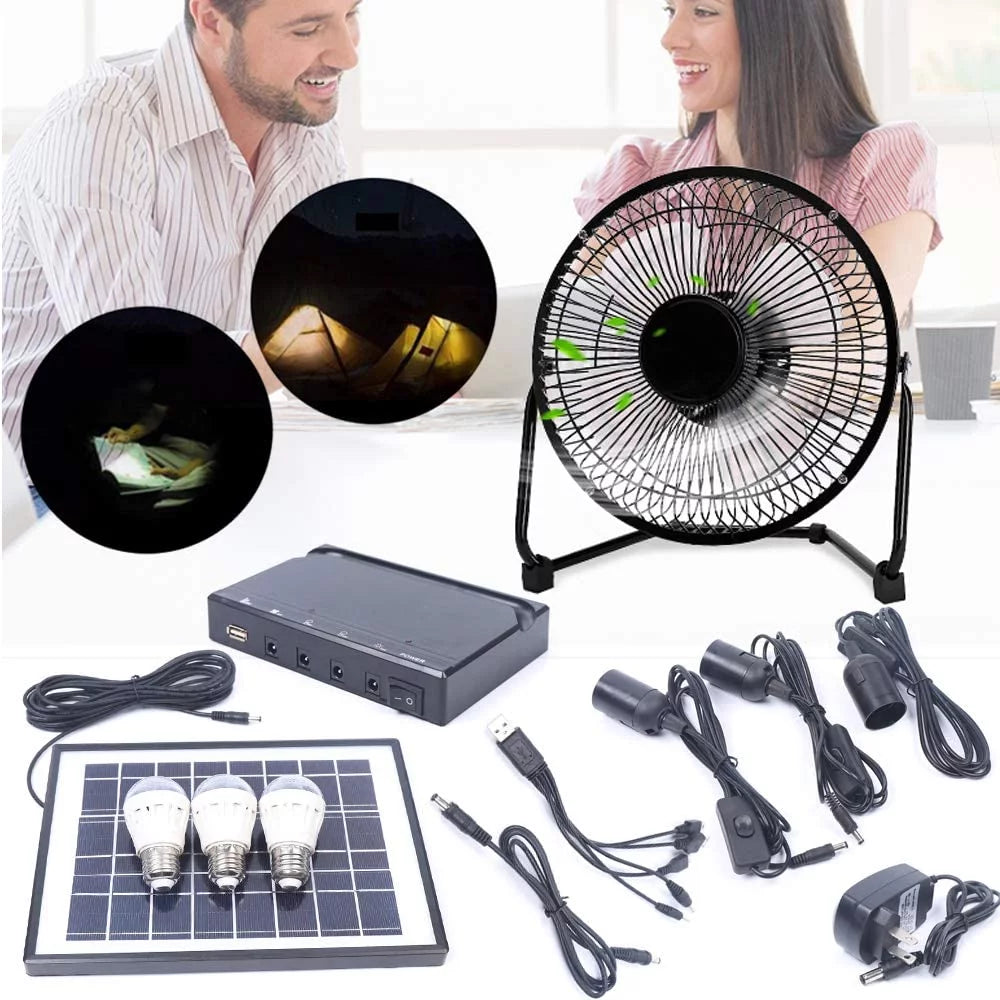 MONIPA Portable Solar Powered Panel+Fan+3x1W 12V Bulbs 8 inch Solar Powered Fan, with Adapter for Ventilation Caravan Camping Home Office Outdoor Traveling Fishing