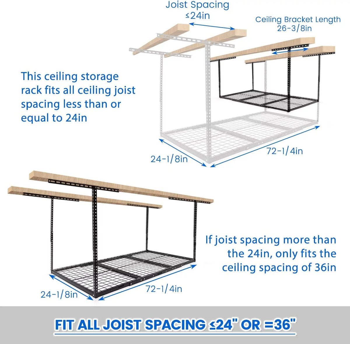 HECASA 3FT X 6FT Overhead Storage Rack Heavy Duty 72" x 36" Mounted Ceiling Rack Shelf Black Alloy