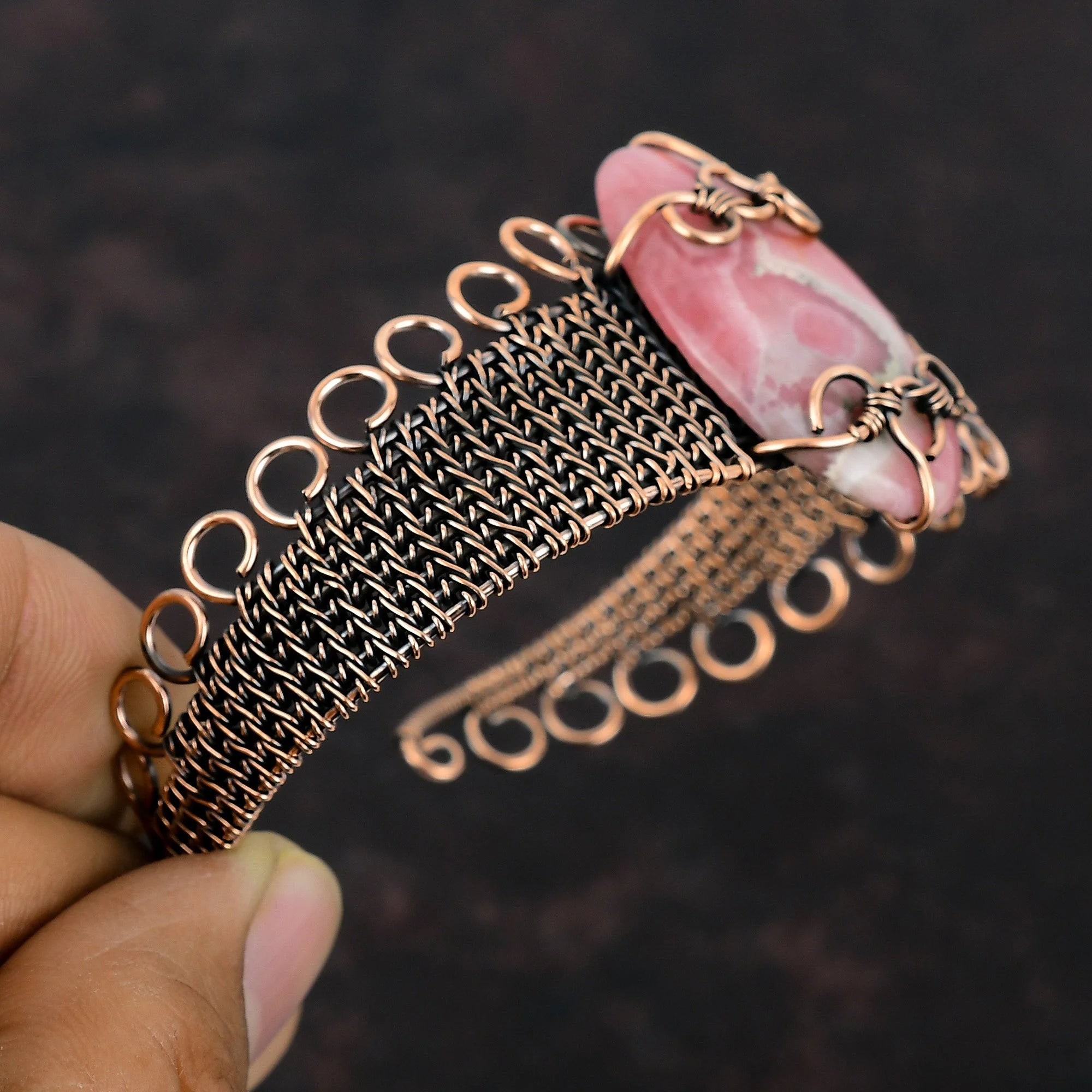 Rhodochrosite Gemstone Cuff Bracelet Adjustable Bangle Copper Wire Wrap Jewelry