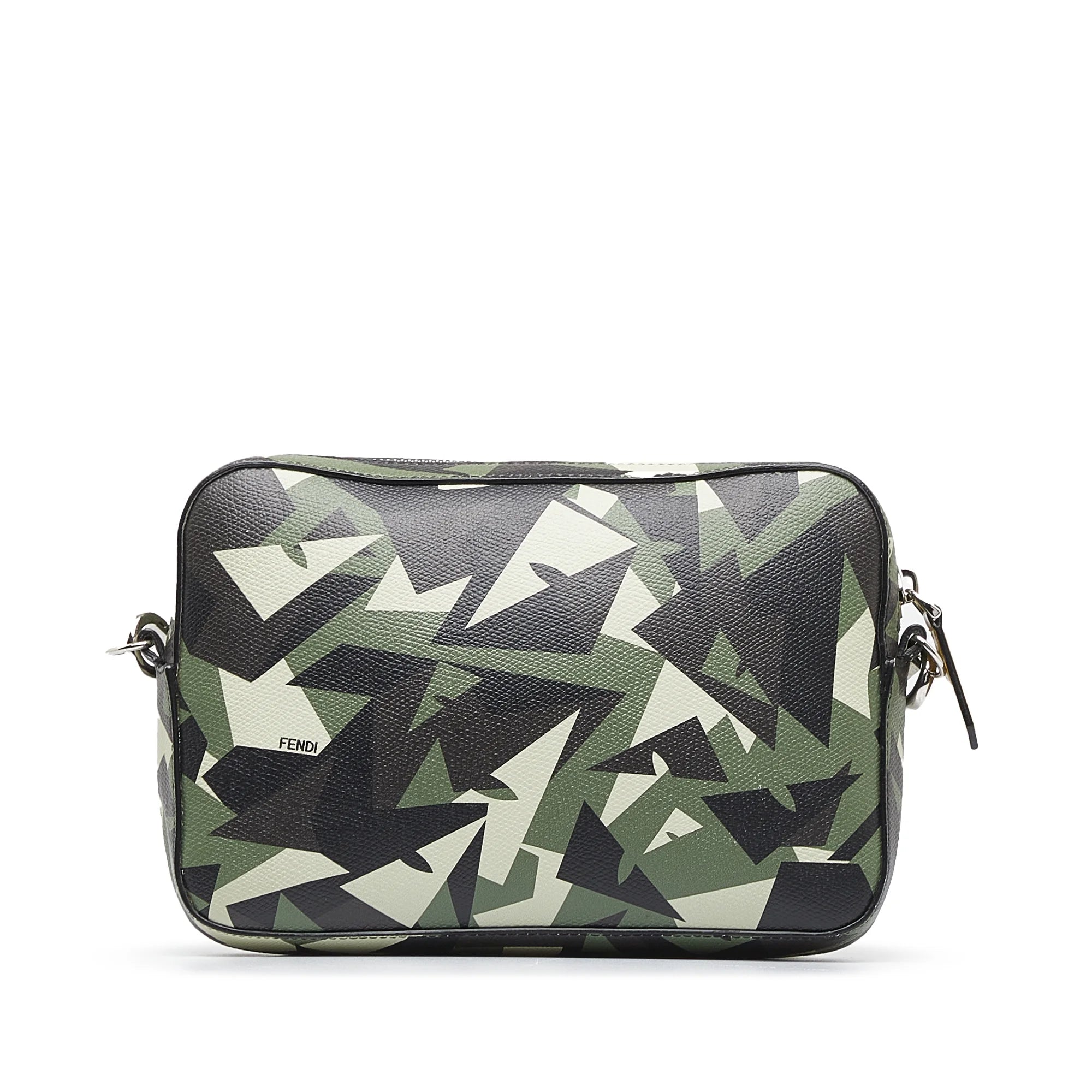 Previously Owned Authenticated Fendi Monster Eyes Camouflage Camera Bag Calf Leather Green Crossbody Bag Unisex (Good)