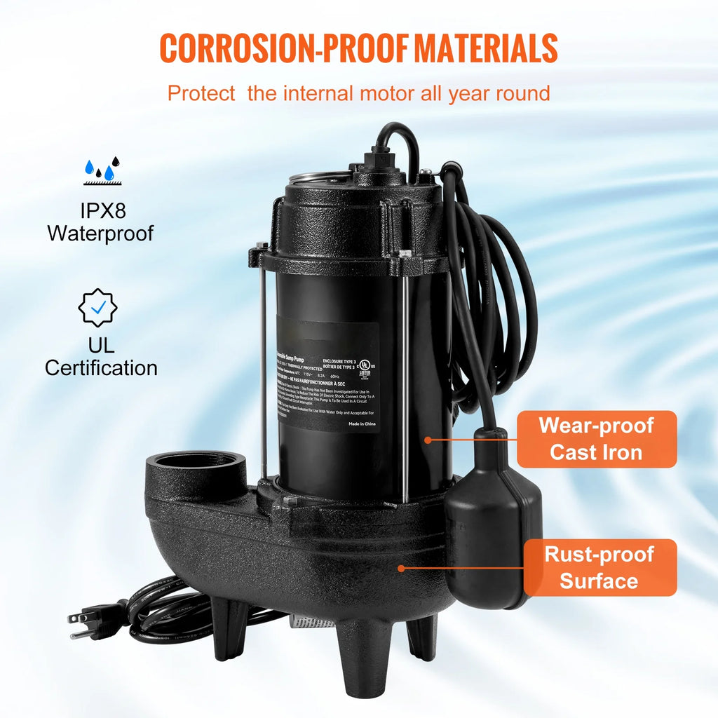 BENTISM Sewage Pump, 3/4 HP 5880 GPH 1050W, Submersible Cast Iron Ejector, with 2" Discharge and 10 ft Piggy-back Automatic Tether Float Switch, for Septic Tank, Basement, Residential Sewer Effluent