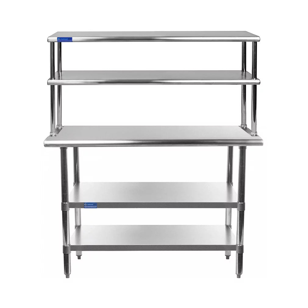 30" x 24" Corrosion-free Metal Work Table With Two Shelves | 12" Wide Double Tier Overshelf | Metal Kitchen Prep Table & Shelving Combo