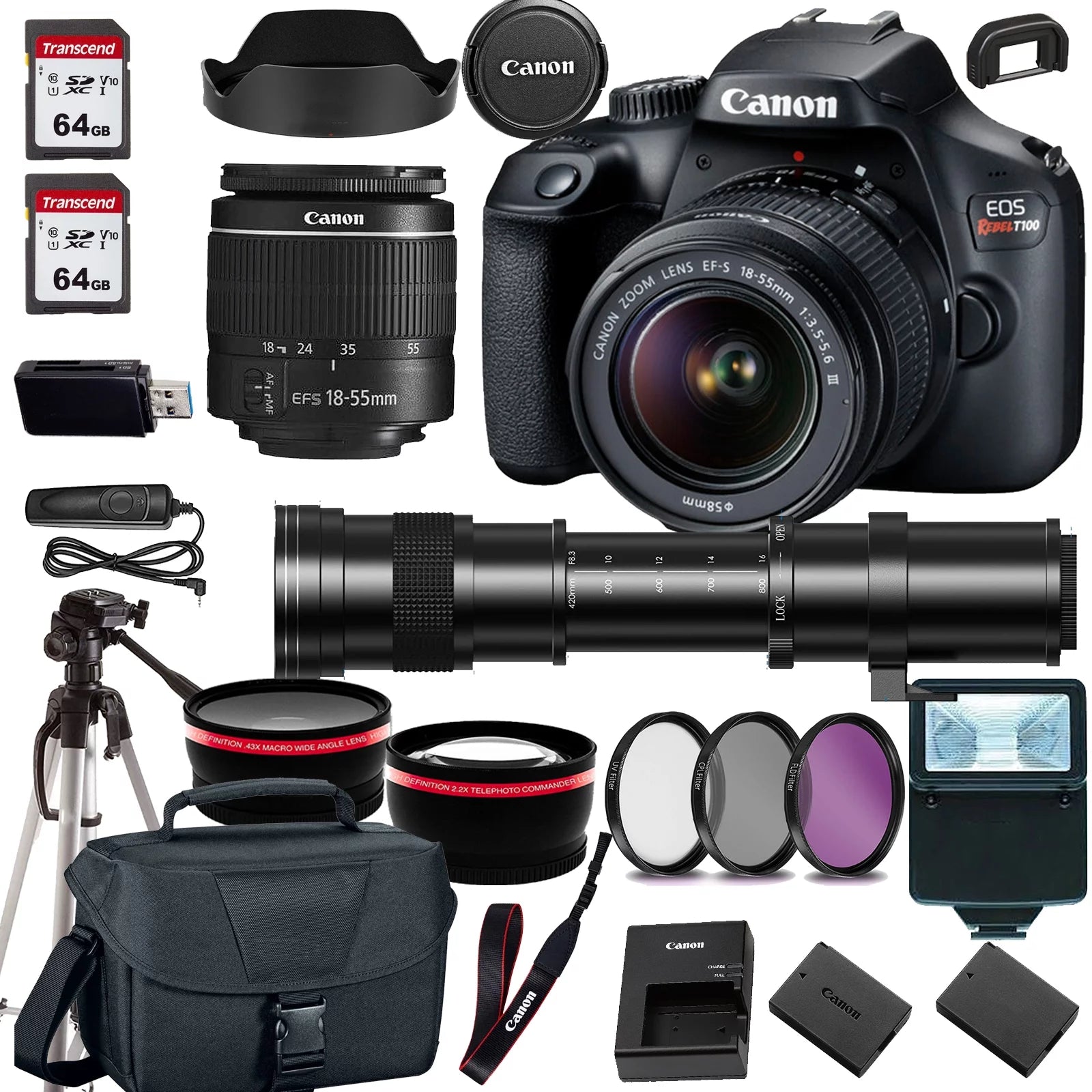 Canon EOS Rebel T100/4000D DSLR Camera w/Canon EF-S 18-55mm F/3.5-5.6 Zoom Lens+420-800mm HD Telephoto Zoom lens+case+128Memory Cards (24PC)