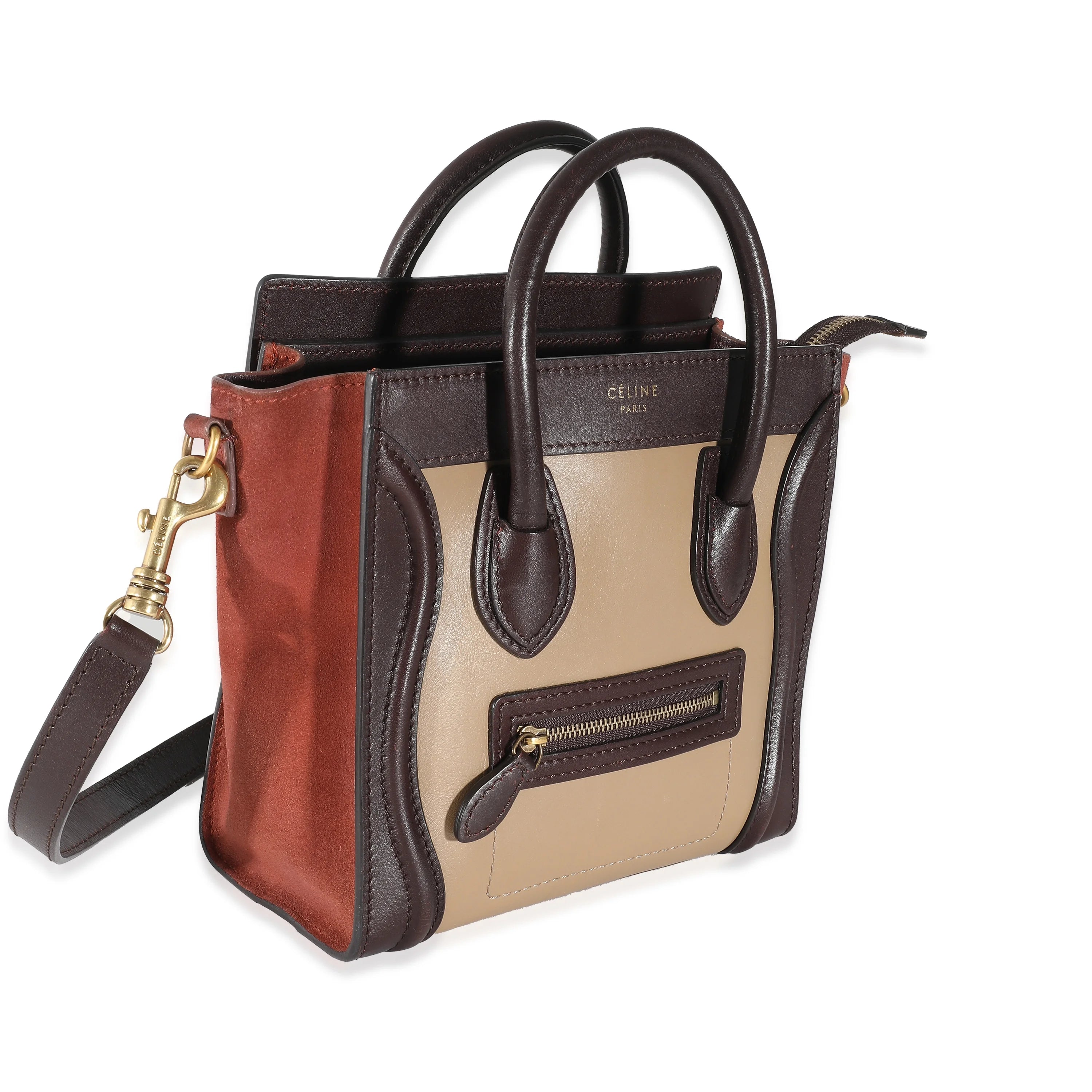 Celine Burgundy Beige Brown Tri-Colour Suede Leather Nano Luggage Secondhand
