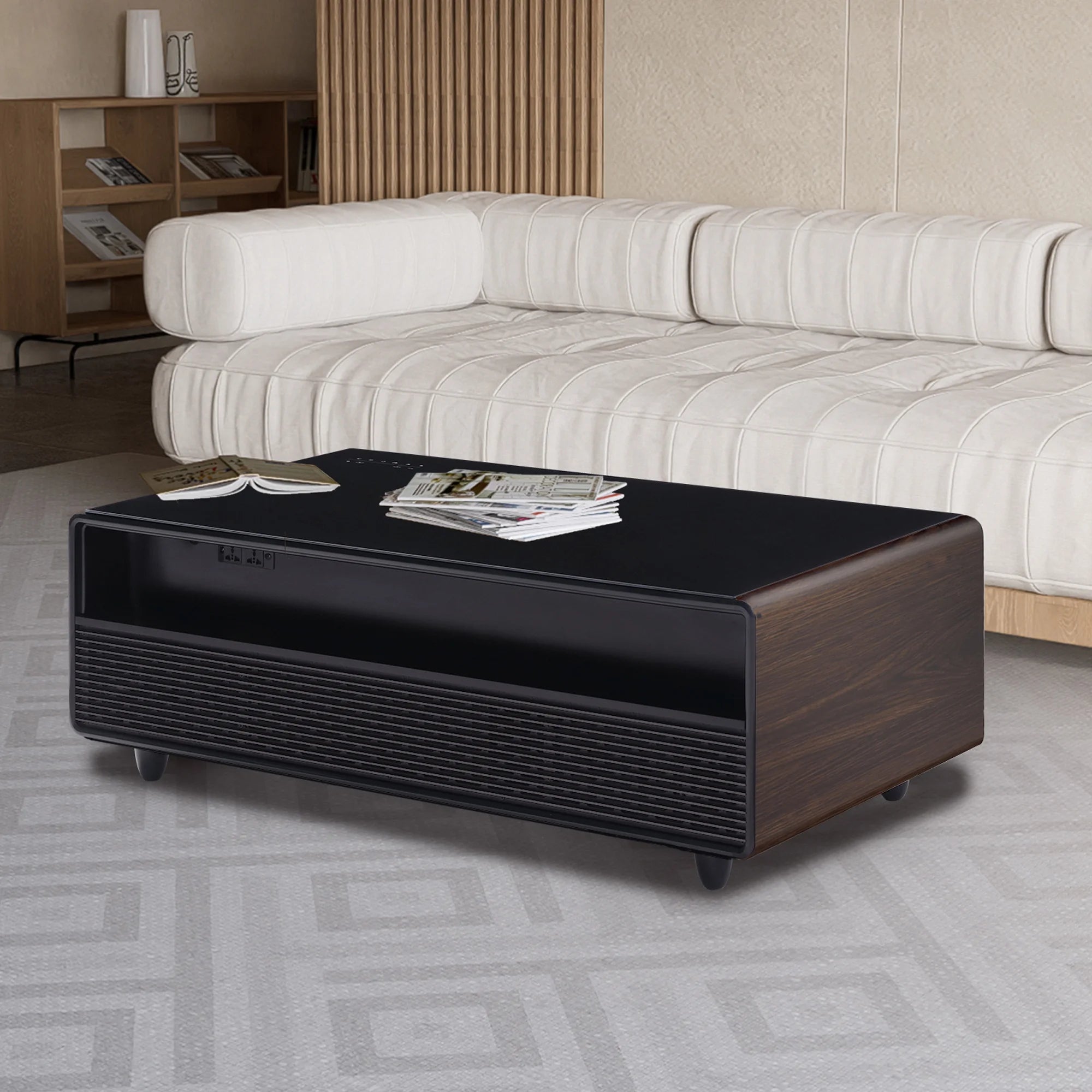 Modern Smart Coffee Table with Built-in Fridge, Bluetooth Speaker, Wireless Charging Module, Touch Control Panel, Power Socket, USB Interface, Outlet Protection, Atmosphere light, Brown