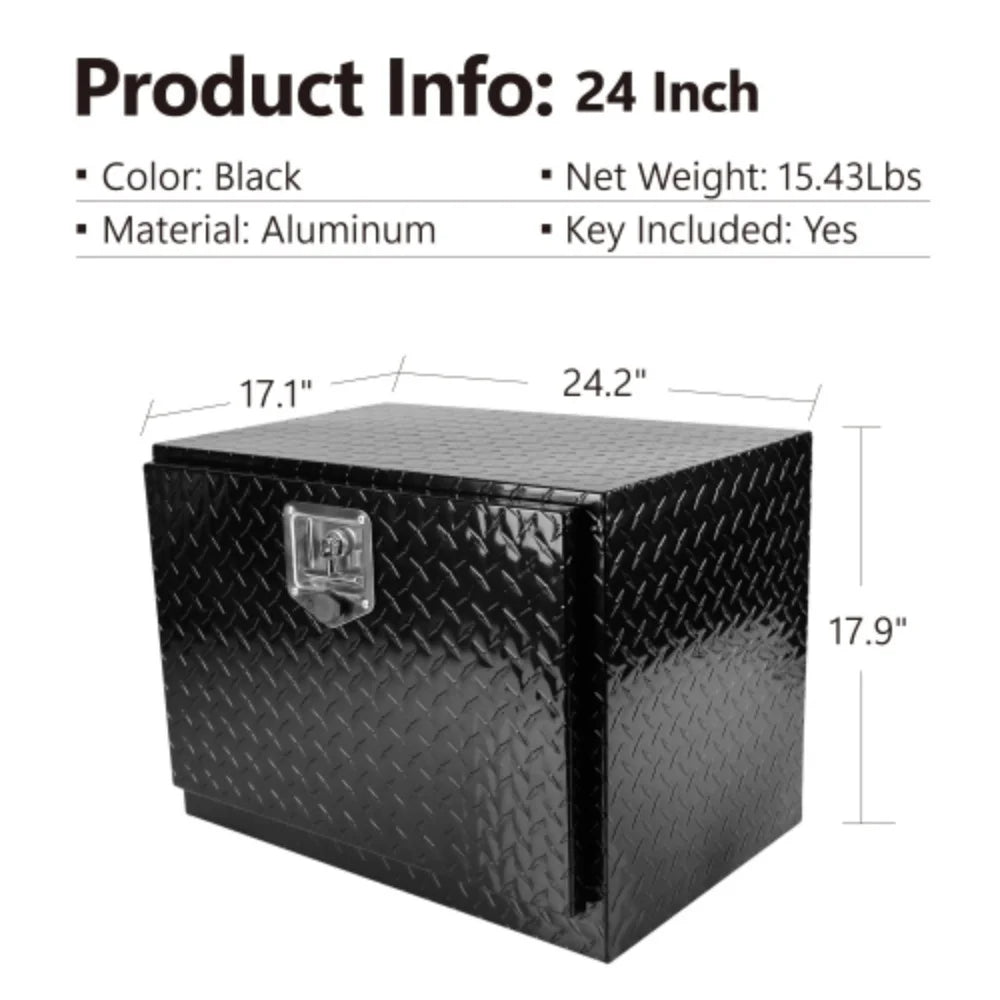 24 Inch Aluminum Stripes Plated Tool Box Pick Up Truck Bed RV Trailer Toolbox Waterproof Square Storage Organizer with Lock and Keys - Black  Black + Aluminum + Square box + 24"(24.2"×17.1"×17.9")