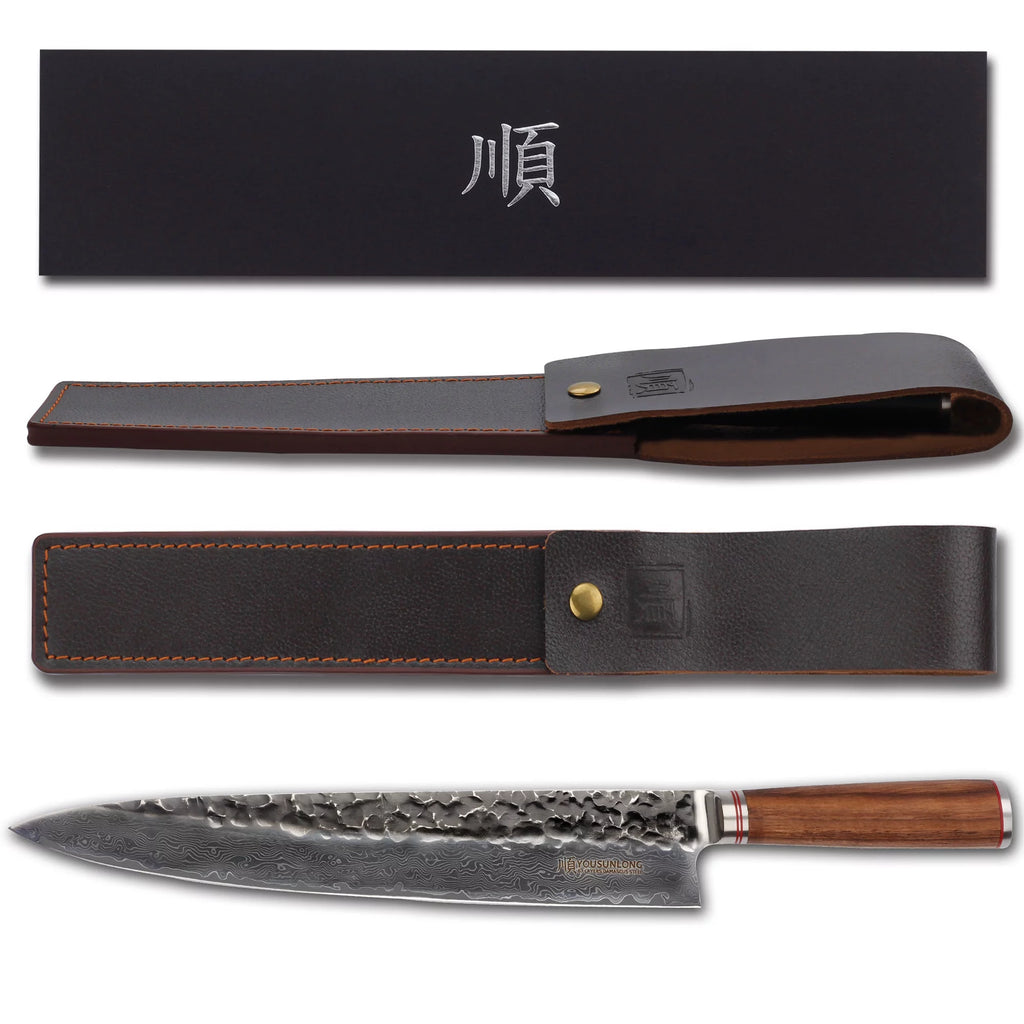 YOUSUNLONG Chef Knife 12 inch - Pro Gyuto Japanese Hammered Damascus Metal Natural Walnut Wooden Handle with Leather Sheath