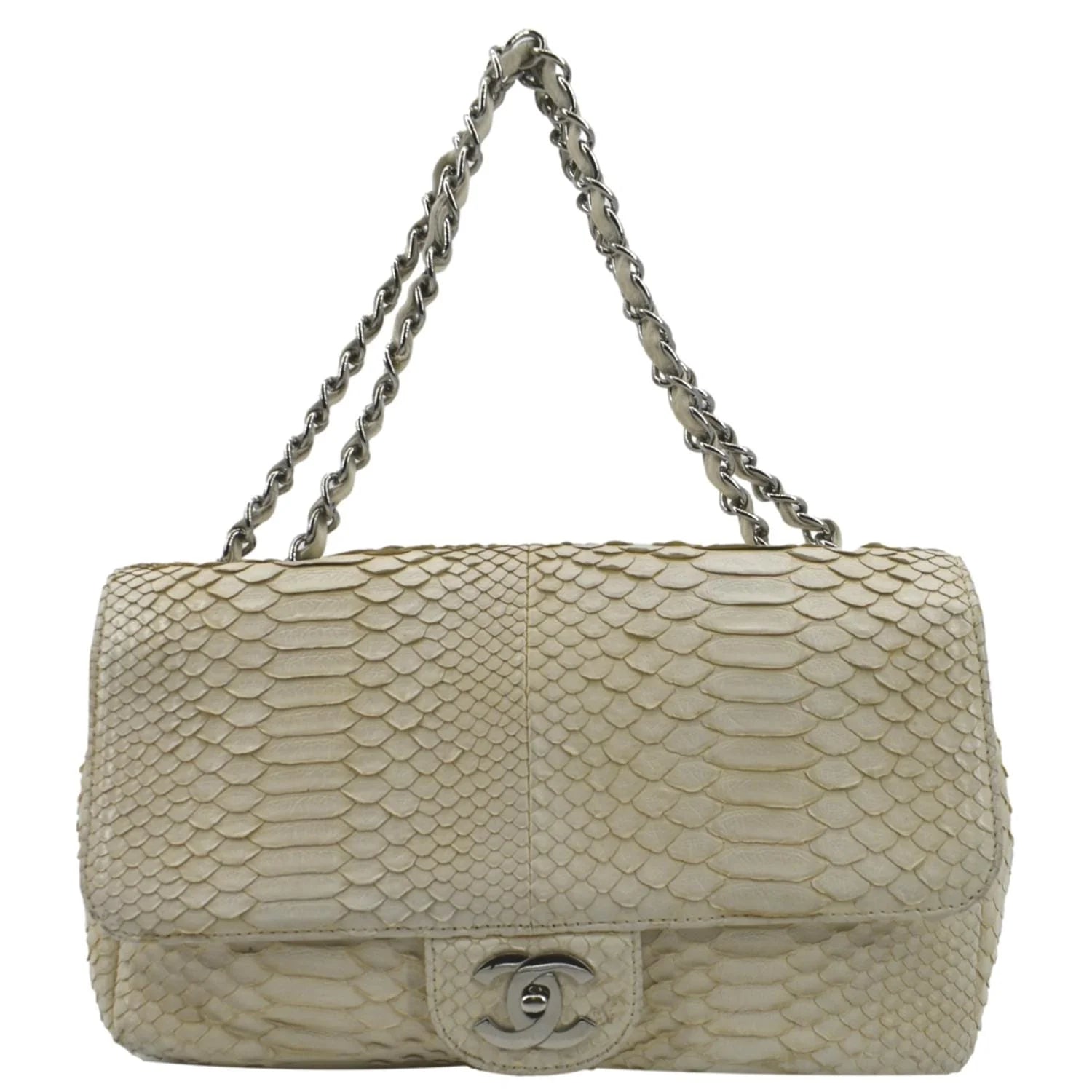 Used CHANEL Flap Python Leather Crossbody Bag Ivory