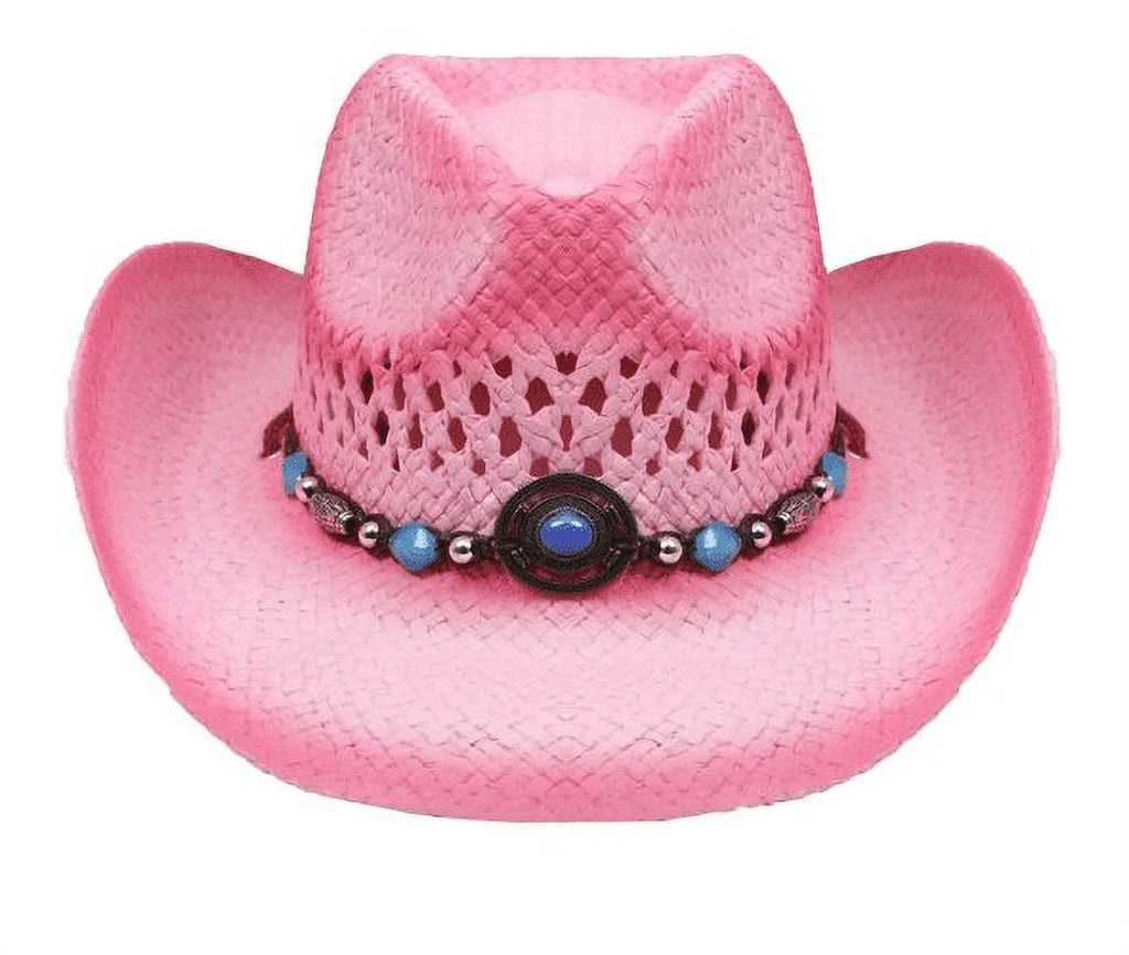 PINK Tea Stain Straw COWBOY HAT w/ Turquoise Blue Beads WOMEN WESTERN Cowgirl Adult size