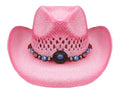 PINK Tea Stain Straw COWBOY HAT w/ Turquoise Blue Beads WOMEN WESTERN Cowgirl Adult size