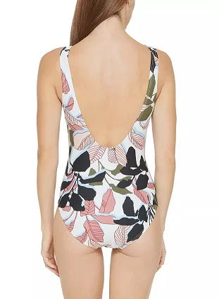 DKNY WHITE MULTI Twist-Front Cutout One-Piece Swimsuit, US 10