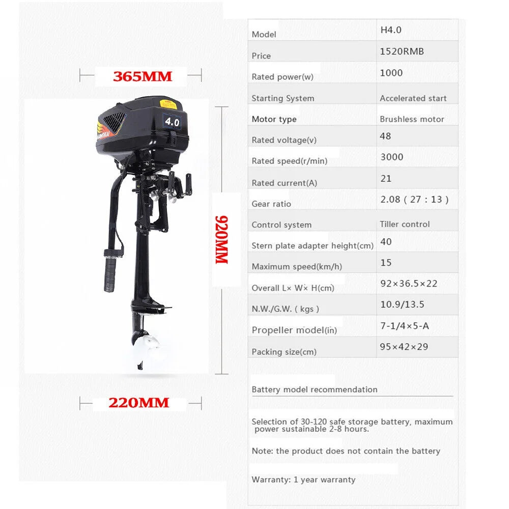 Miumaeov 1000W 4 HP Electric Outboard Motor Boat Engine Trolley Brushless Motor