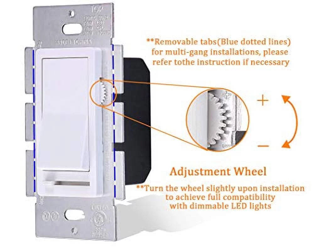 Cloudy Bay in Wall Dimmer Switch for LED Light/CFL/Incandescent,3-Way Single Pole Dimmable Slide,600 Watt max,Cover Plate Included