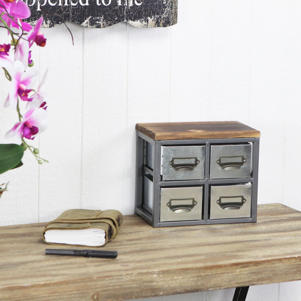 Cheungs 4627 Short Galvanized 4 Drawer Vertical Organizer with Label Scoop Handle - Metal Frame & Wood Top