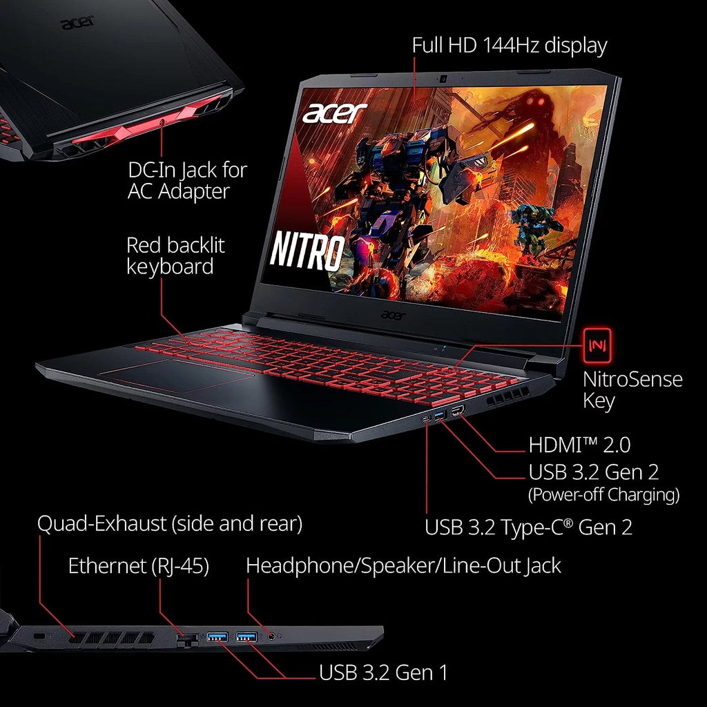 Acer Nitro 5 15.6-Inch 144hz IPS Gaming Laptop + High Quality 6ft HDMI Cable + LCD Screen Cleaner + Wired Stereo Gaming Headset + Gaming Controller- Carbon Black