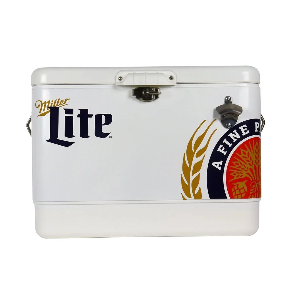 Miller Lite Ice Chest Beverage Cooler with Bottle Opener, 51L (54 QT), 85 Can Metal-belted Portable Cooler, White and Blue, for Camping, Beach, RV, BBQs, Tailgating, Fishing