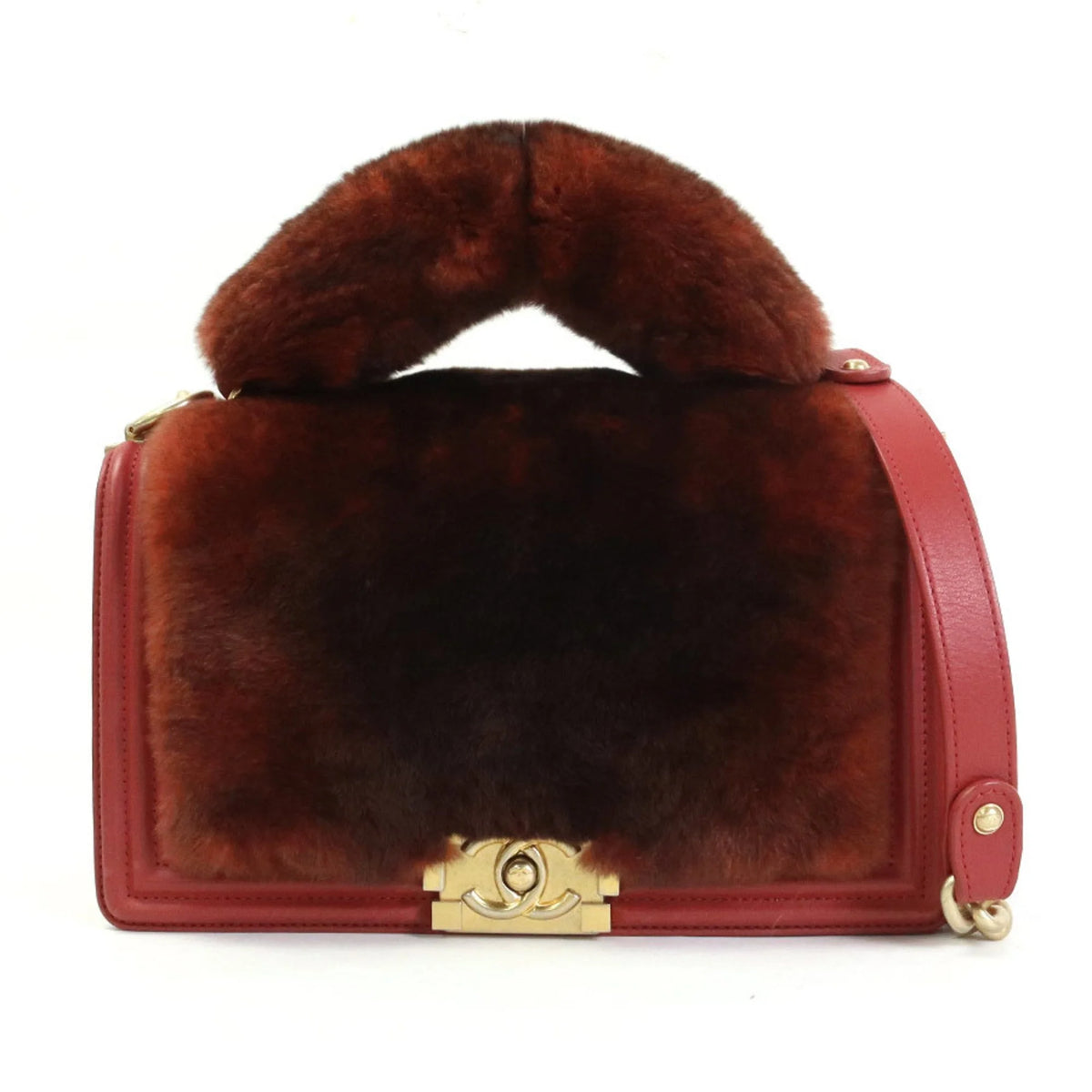 Previously Owned Chanel CHANEL handbag diagonal shoulder bag boy fur/leather brown red gold ladies e55871a (Good)
