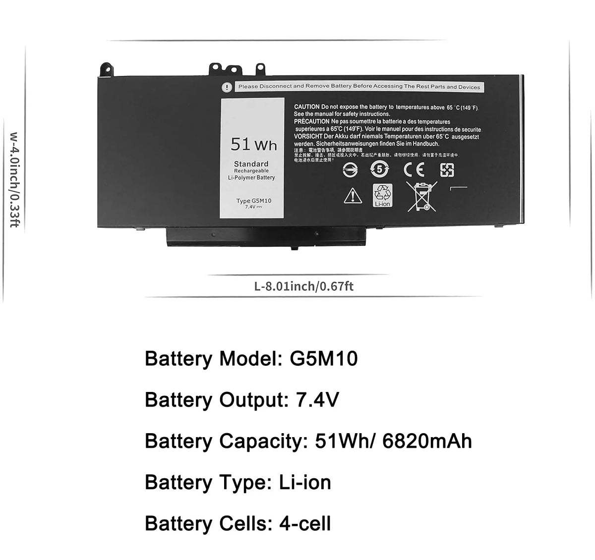 51WH Battery for Dell Latitude E5250 E5450 E5550 3150 3160 3550 5550 5450 5250 Series Laptop Notebook G5M10 08V5GX 8V5GX WYJC2 0WYJC2 R9XM9 TXF9M VMKXM 5XFWC PF59Y 1KY05 451-BBLN 451-BBLL 451-BBLK