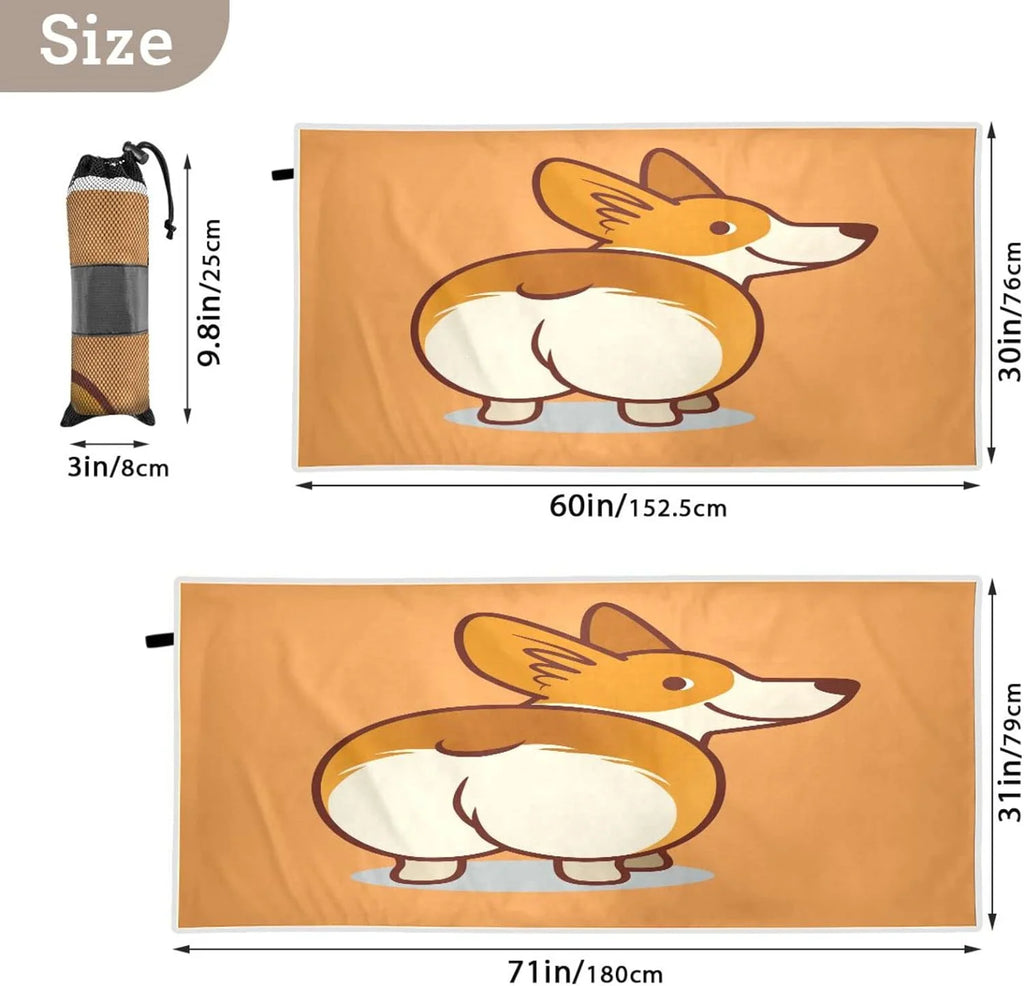 Bestwell Cute Corgi Orange Beach Towel - Super Absorbent Oversized Travel Towels - Lightweight Compact Quick Dry Towel for Swimming Camping Holiday（353）