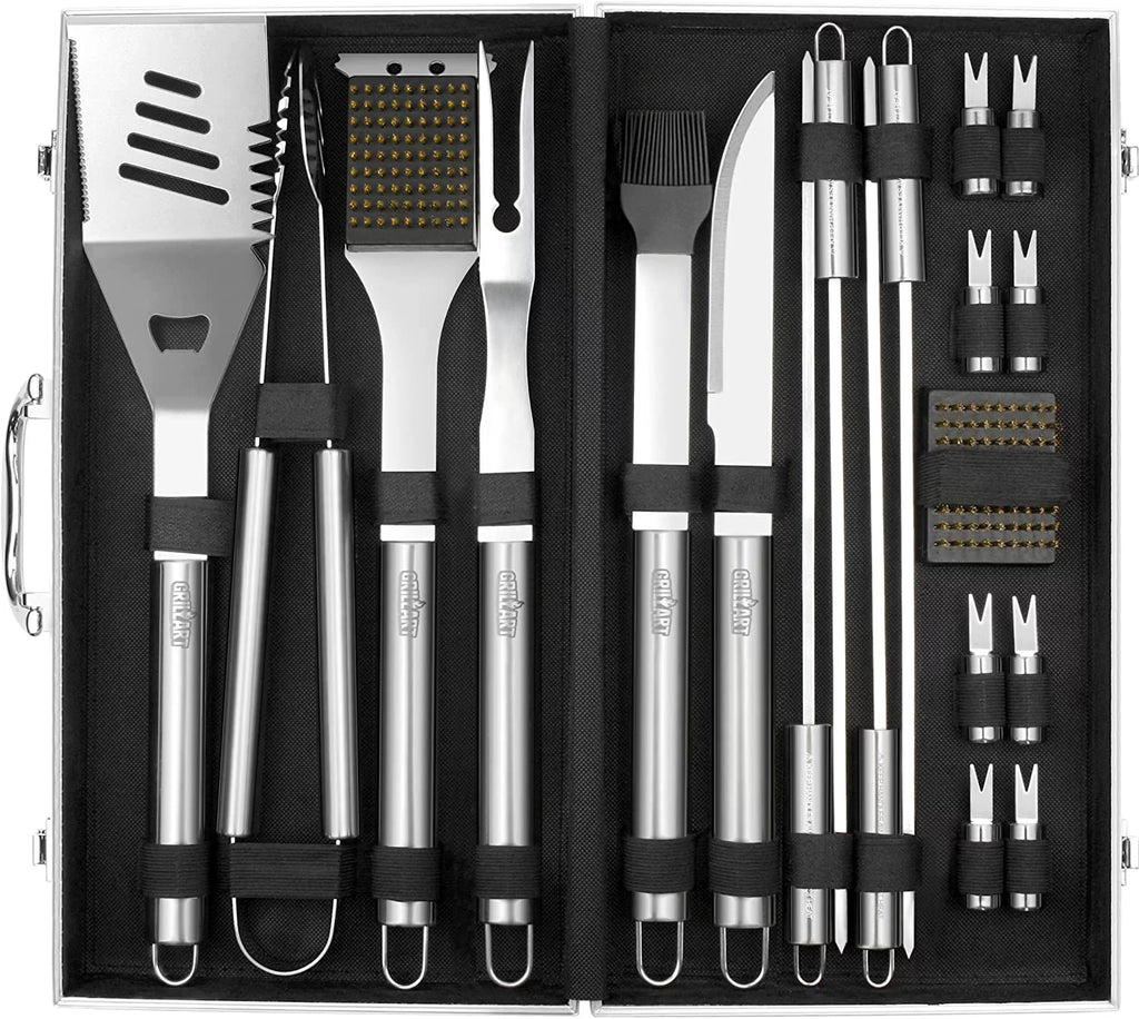 BBQ Grill Utensil Tools Set Reinforced BBQ Tongs 19-Piece Corrosion-free-Alloy Barbecue Grilling Accessories with Aluminum Storage Case -Complete Outdoor Grill Kit for Dad, Birthday Gift for Man