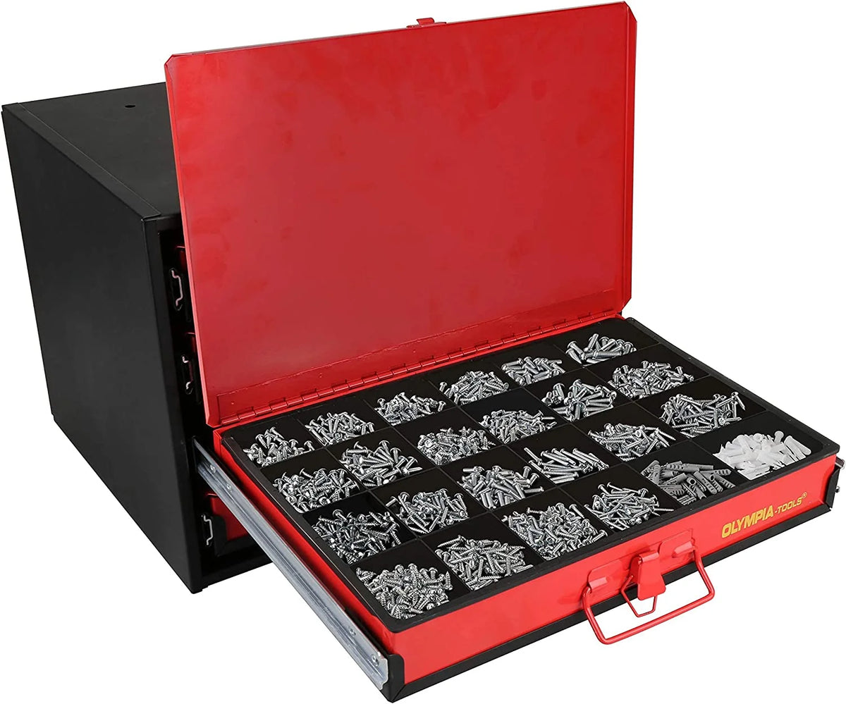 QCAI 90-806 4-Drawer Hardware Organizer includes 2500-pieces Small Hardware, black/red