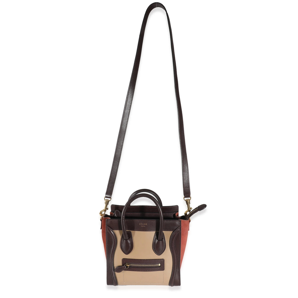 Celine Burgundy Beige Brown Tri-Colour Suede Leather Nano Luggage Secondhand