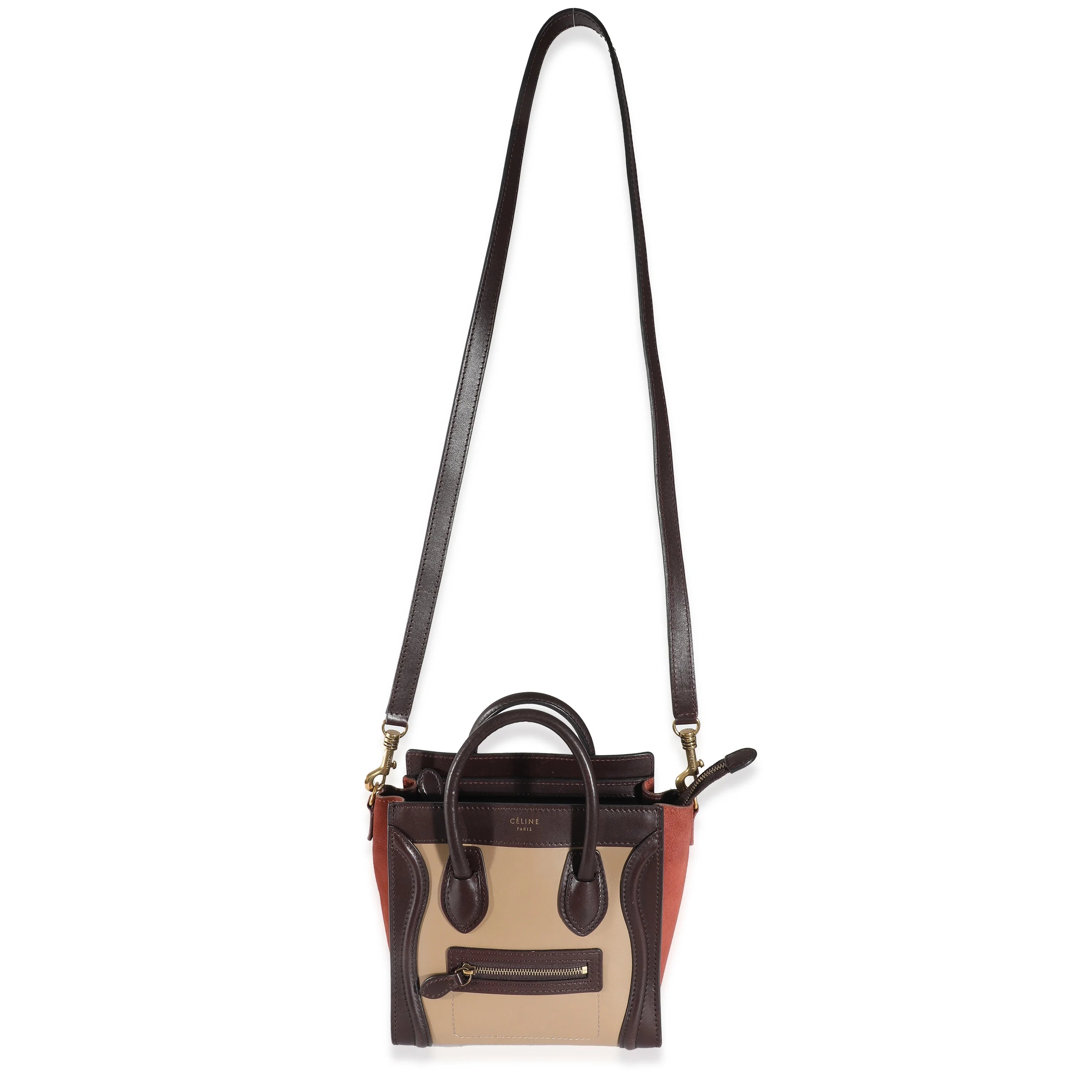 Celine Burgundy Beige Brown Tri-Colour Suede Leather Nano Luggage Secondhand