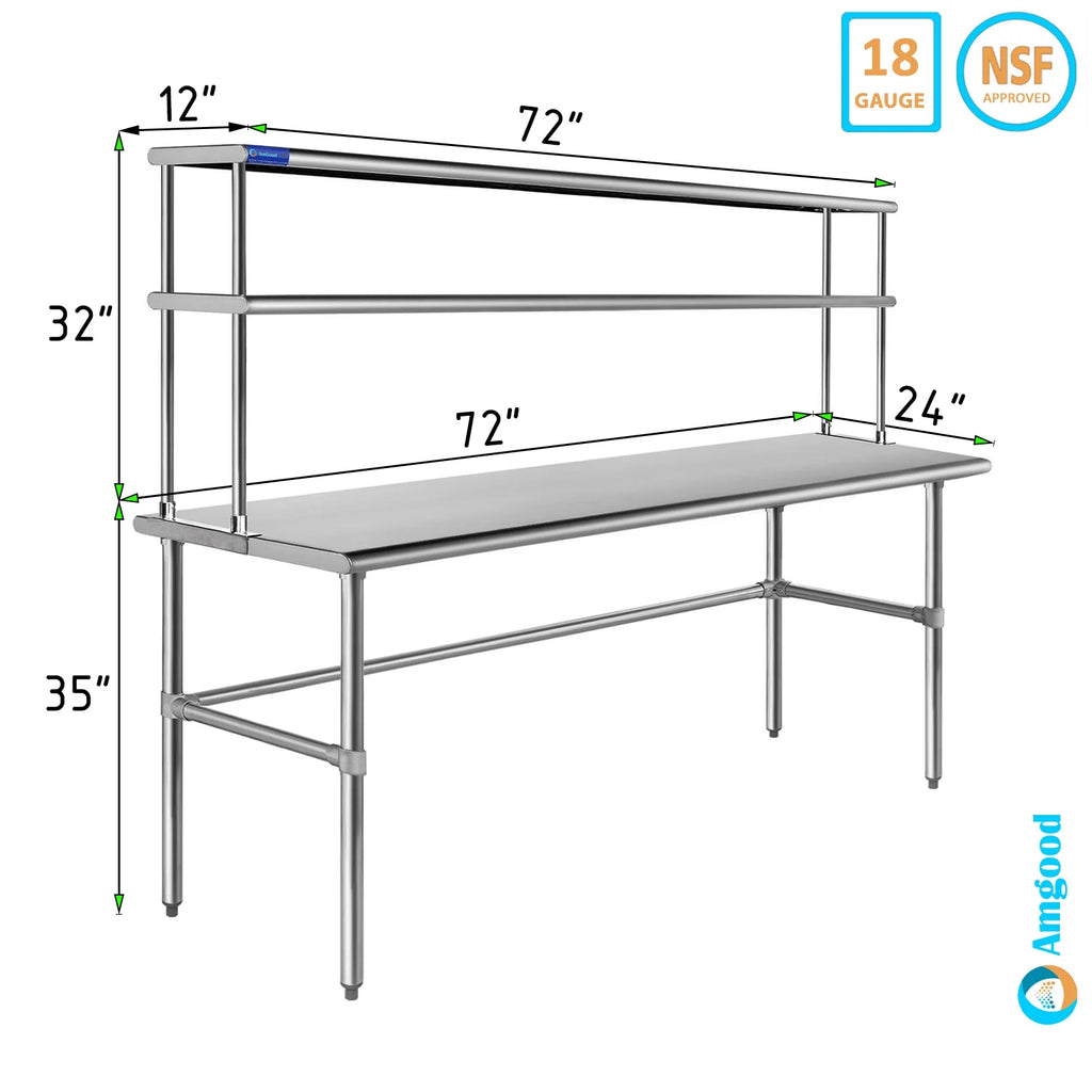 24" x 72" Open Base Rust-resistant Metal Work Table With 12" Wide Double Tier Overshelf | Metal Kitchen Prep Table & Shelving Combo