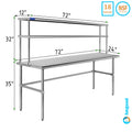 24" x 72" Open Base Rust-resistant Metal Work Table With 12" Wide Double Tier Overshelf | Metal Kitchen Prep Table & Shelving Combo
