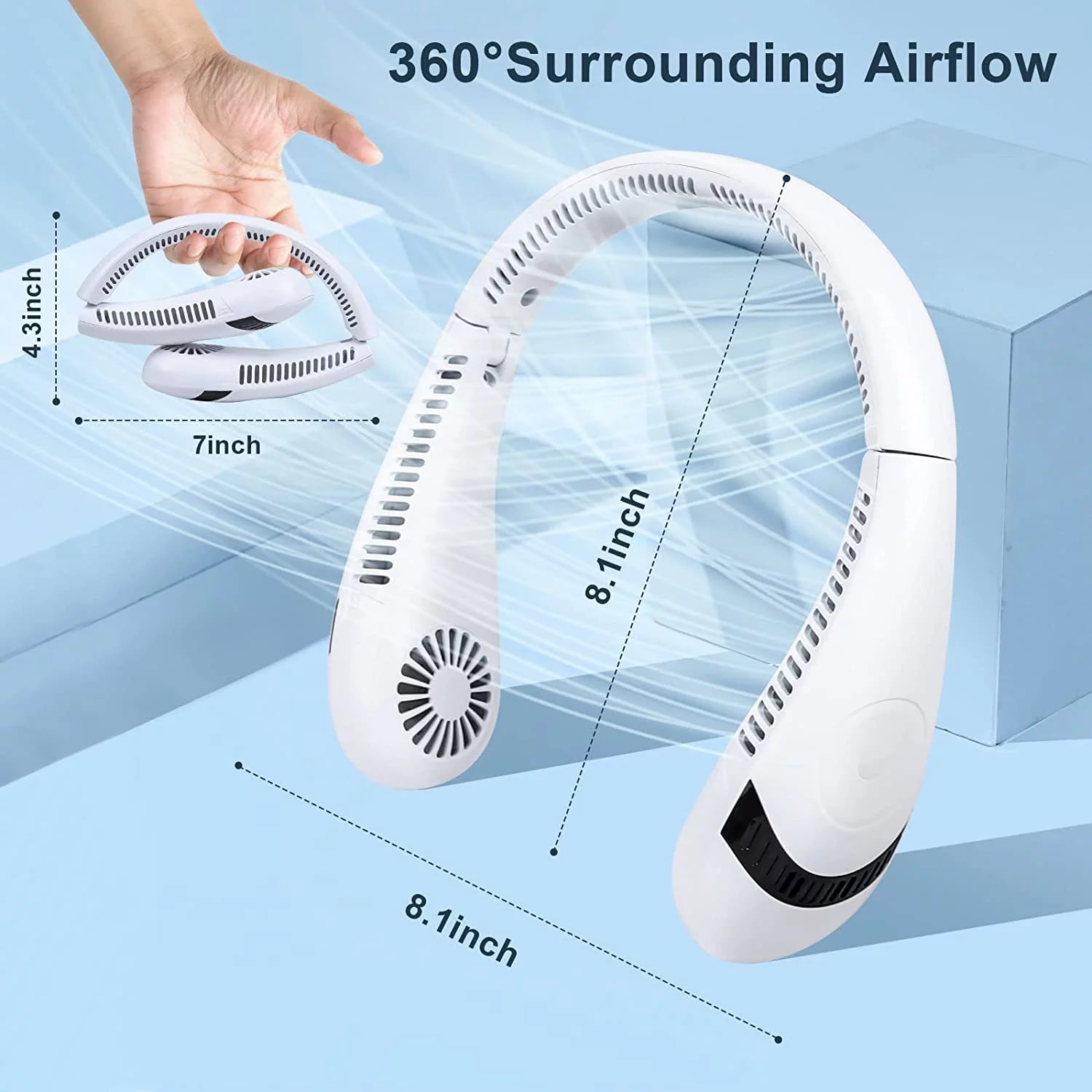 Morttic Portable Neck Fan, Foldable Bladeless Fan Wearable Personal Fan Hands Free Cooler Fan 5000 mAh 3 Speeds, 360 Degrees Airflow USB Rechargeable Fan Perfect for Outdoor Travel Sport (White)