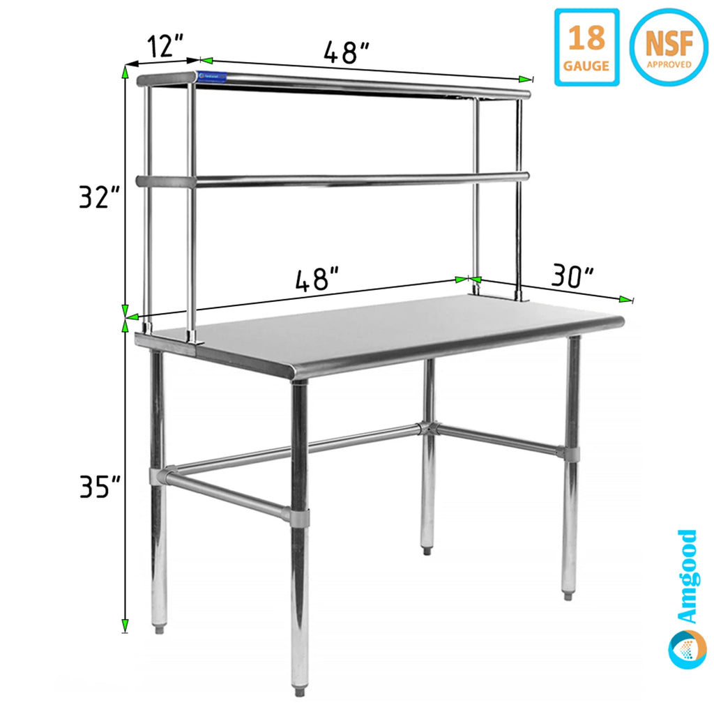 30" x 48" Open Base Rust-resistant Alloy Work Table With 12" Wide Double Tier Overshelf | Metal Kitchen Prep Table & Shelving Combo