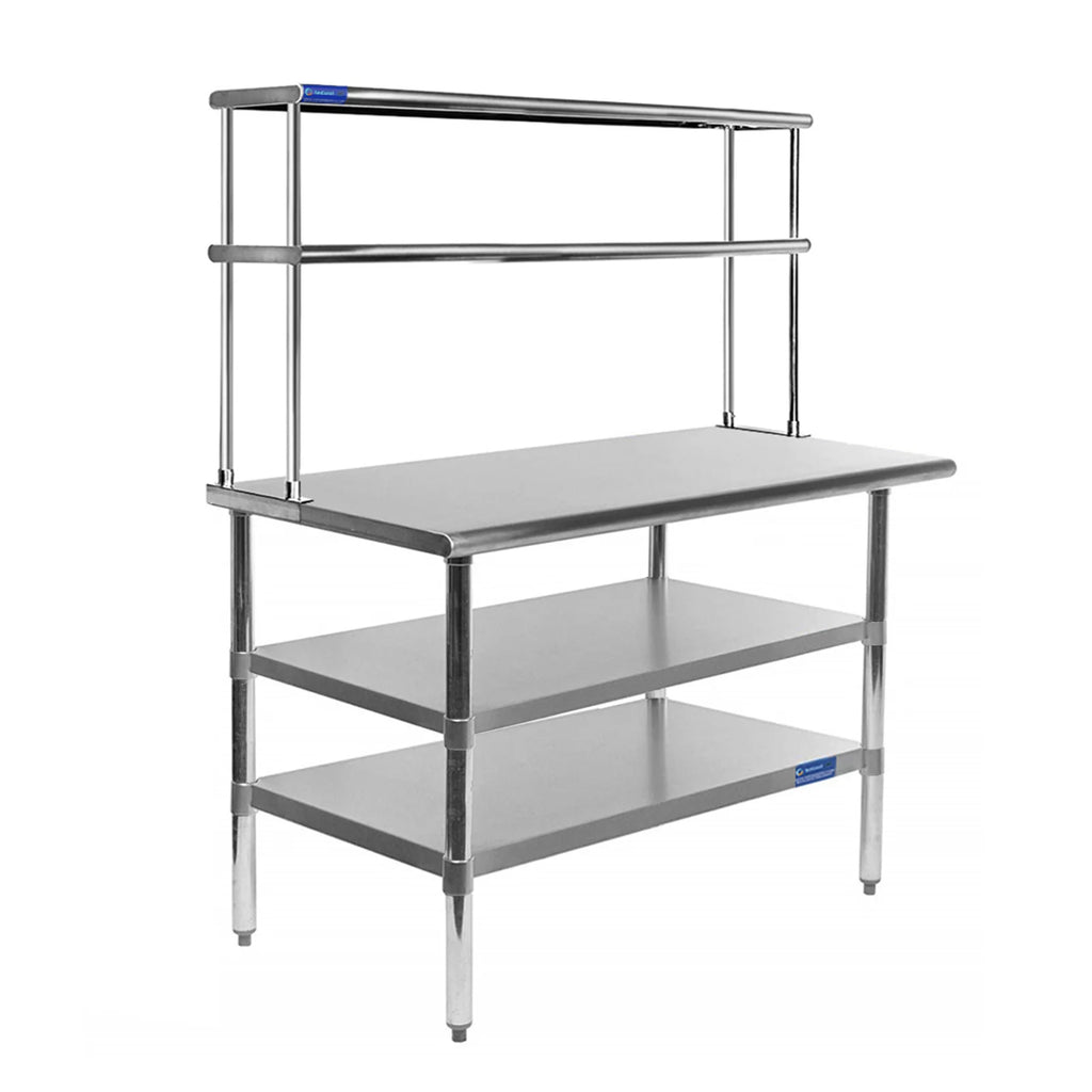 30" x 48" Rust-resistant Metal Work Table With Two Shelves | 12" Wide Double Tier Overshelf | Metal Kitchen Prep Table & Shelving Combo