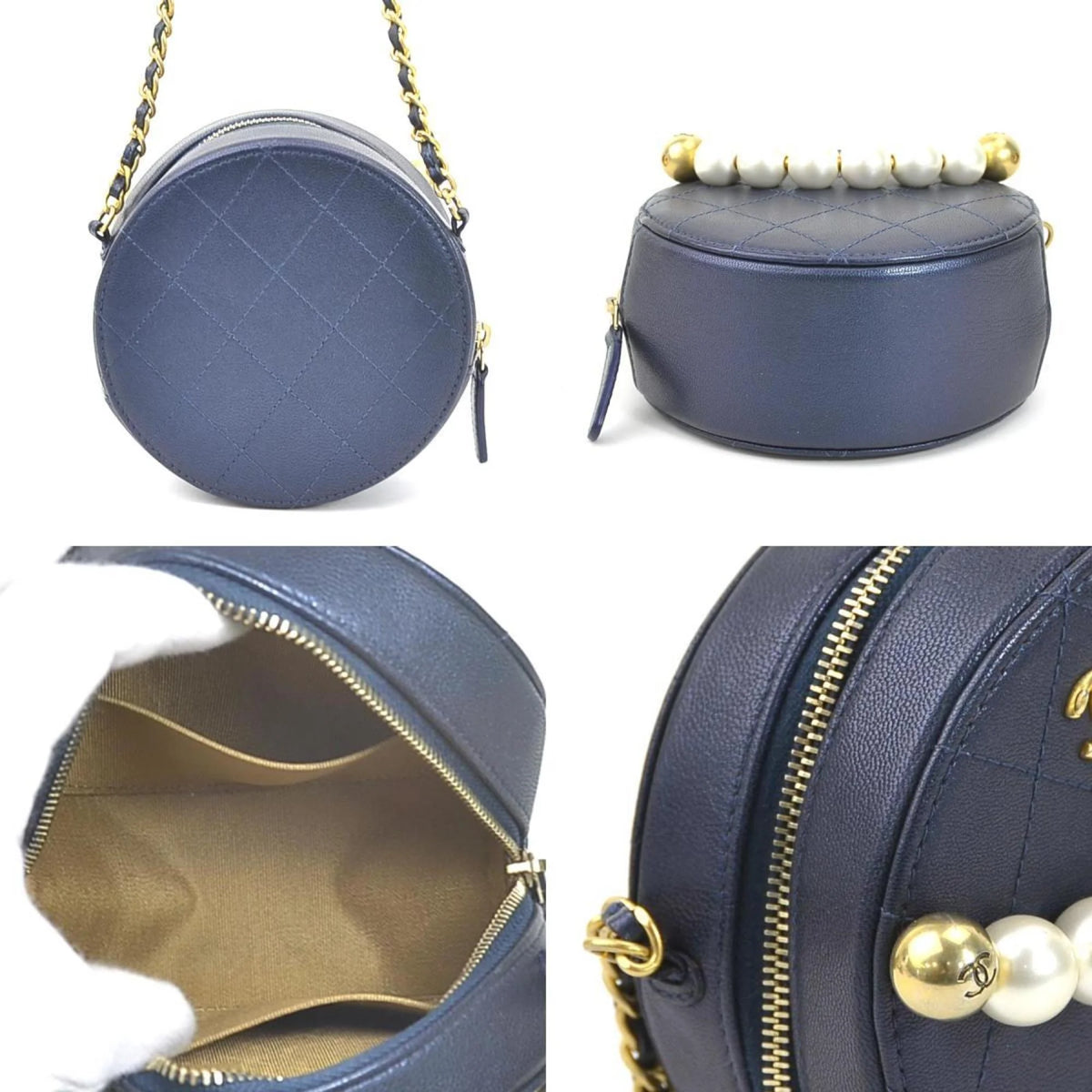 Secondhand CHANEL Crossbody Shoulder Bag Pochette Coco Mark Leather/Metal/Fake Pearl Navy/Gold/Off-White Female (Good)